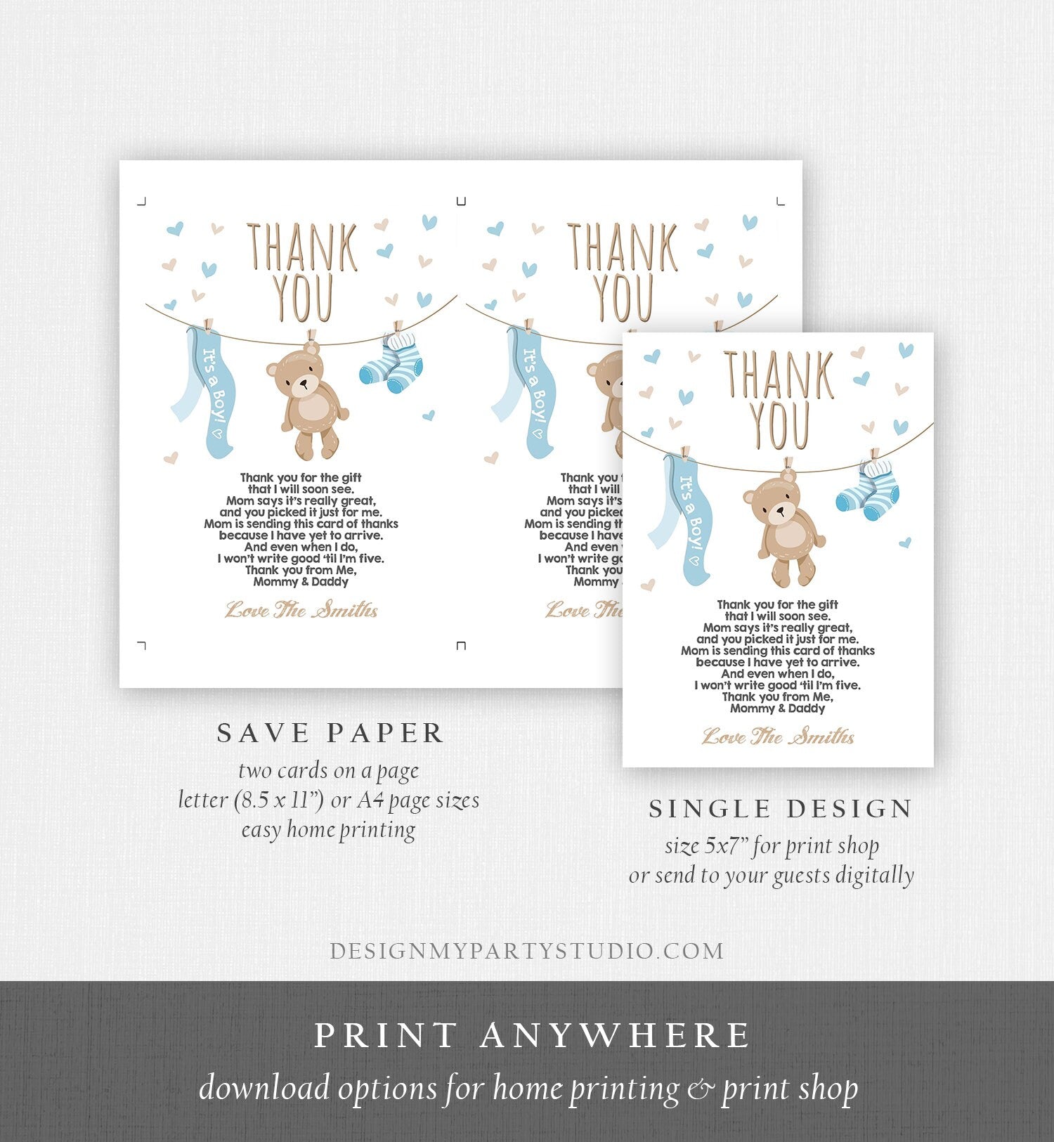 Editable Teddy Bear Thank You Card Baby Shower Thank You Note Boy Blue Woodland Animals Download Digital Corjl Template Printable 0025