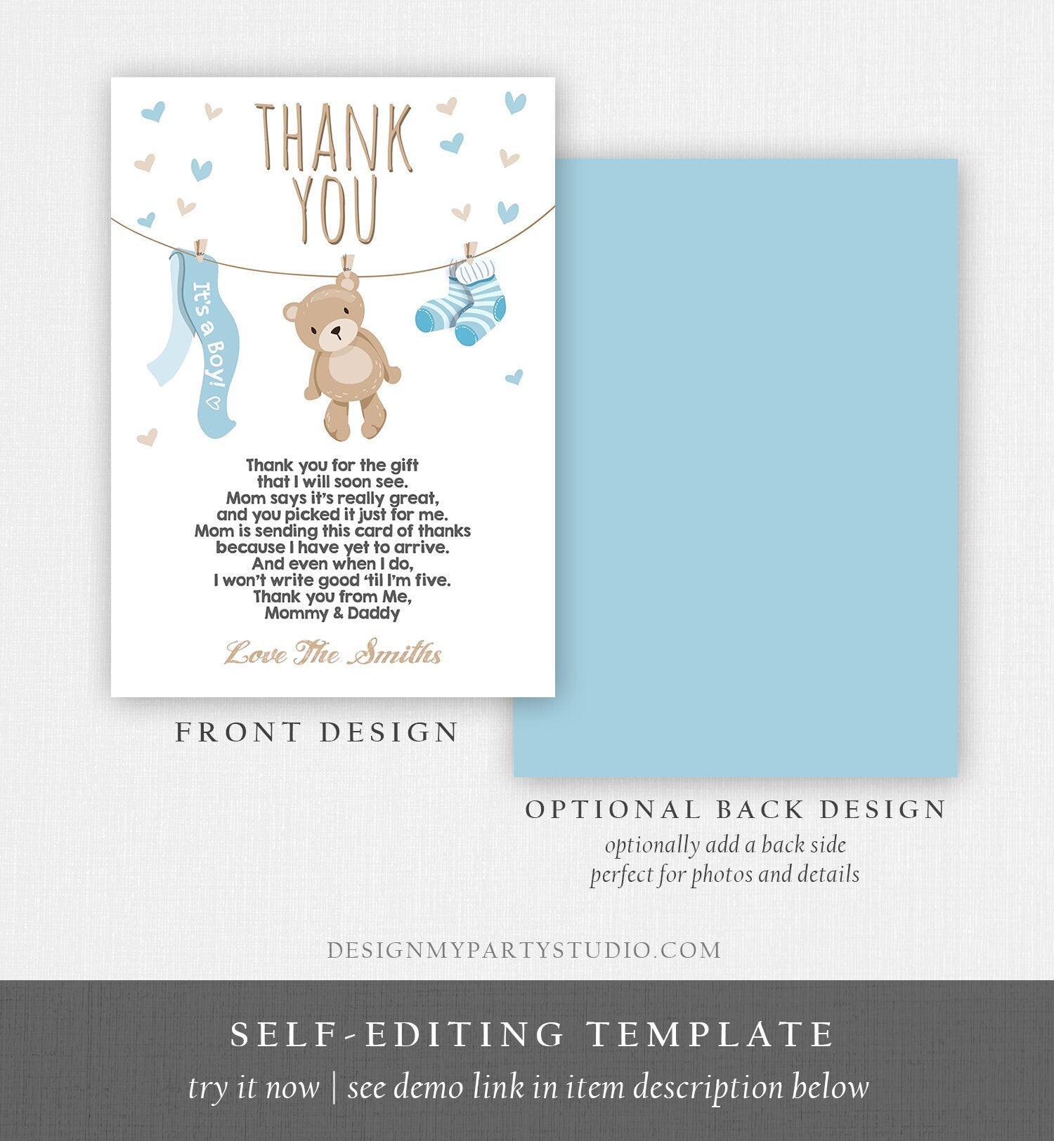 Editable Teddy Bear Thank You Card Baby Shower Thank You Note Boy Blue Woodland Animals Download Digital Corjl Template Printable 0025