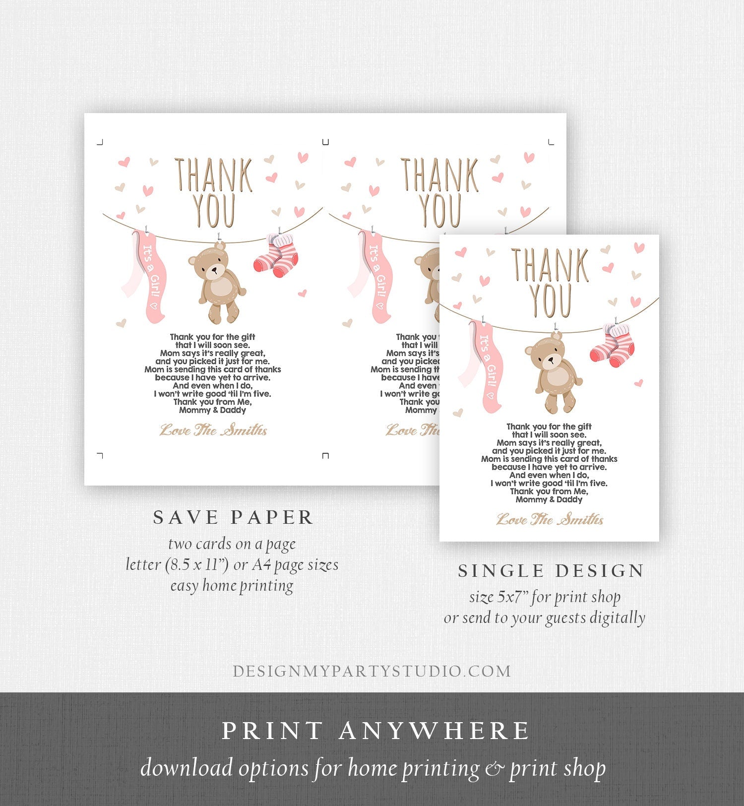 Editable Baby Shower Thank You Card Teddy Bear Thank You Note Shower Pink Girl Woodland Animals Template Instant Download Digital Corjl 0025