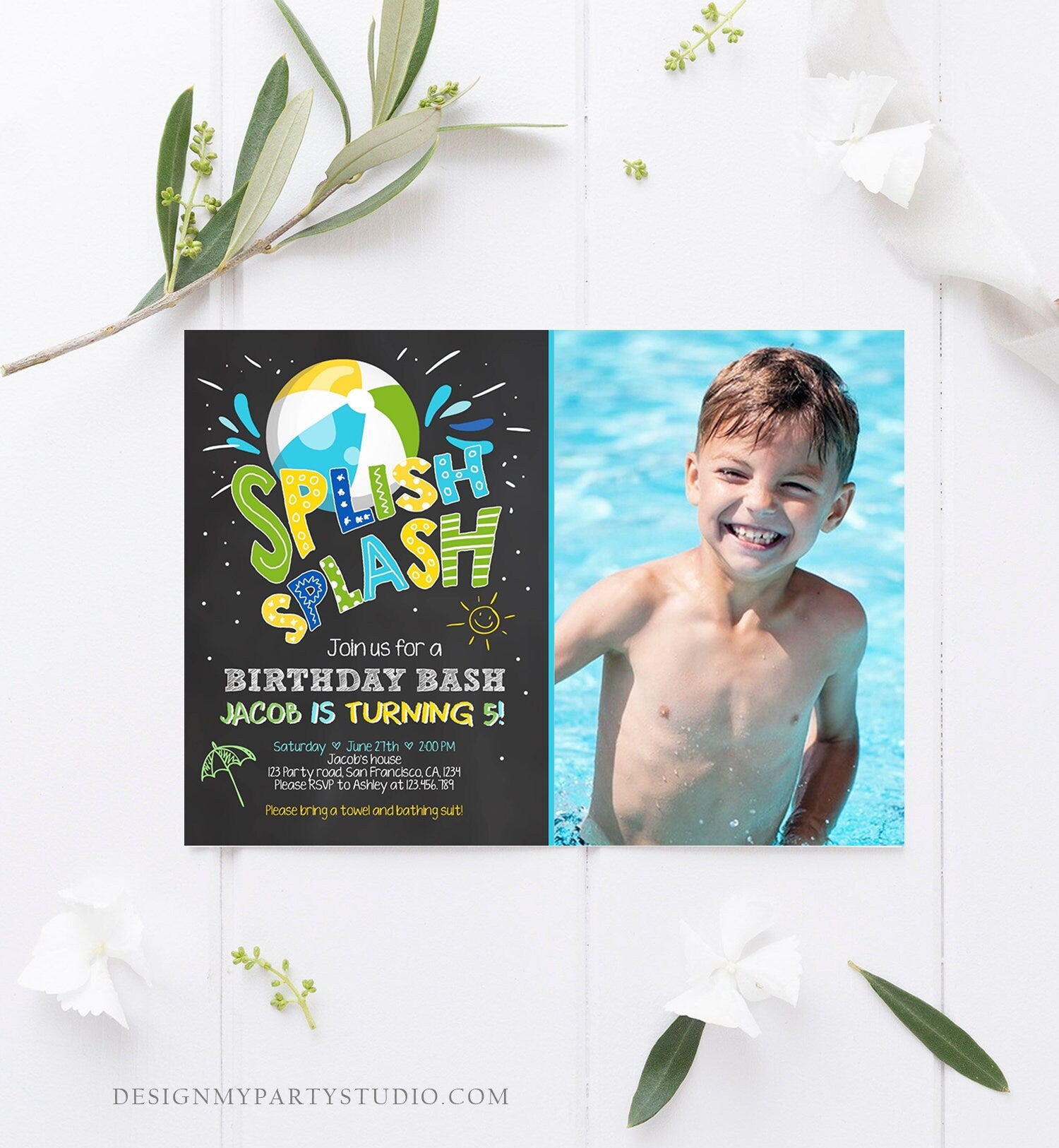 Editable Splish Splash Birthday Invitation Pool Party Boy Beach Ball Blue Green Birthday Bash Download Printable Invite Template Corjl 0169