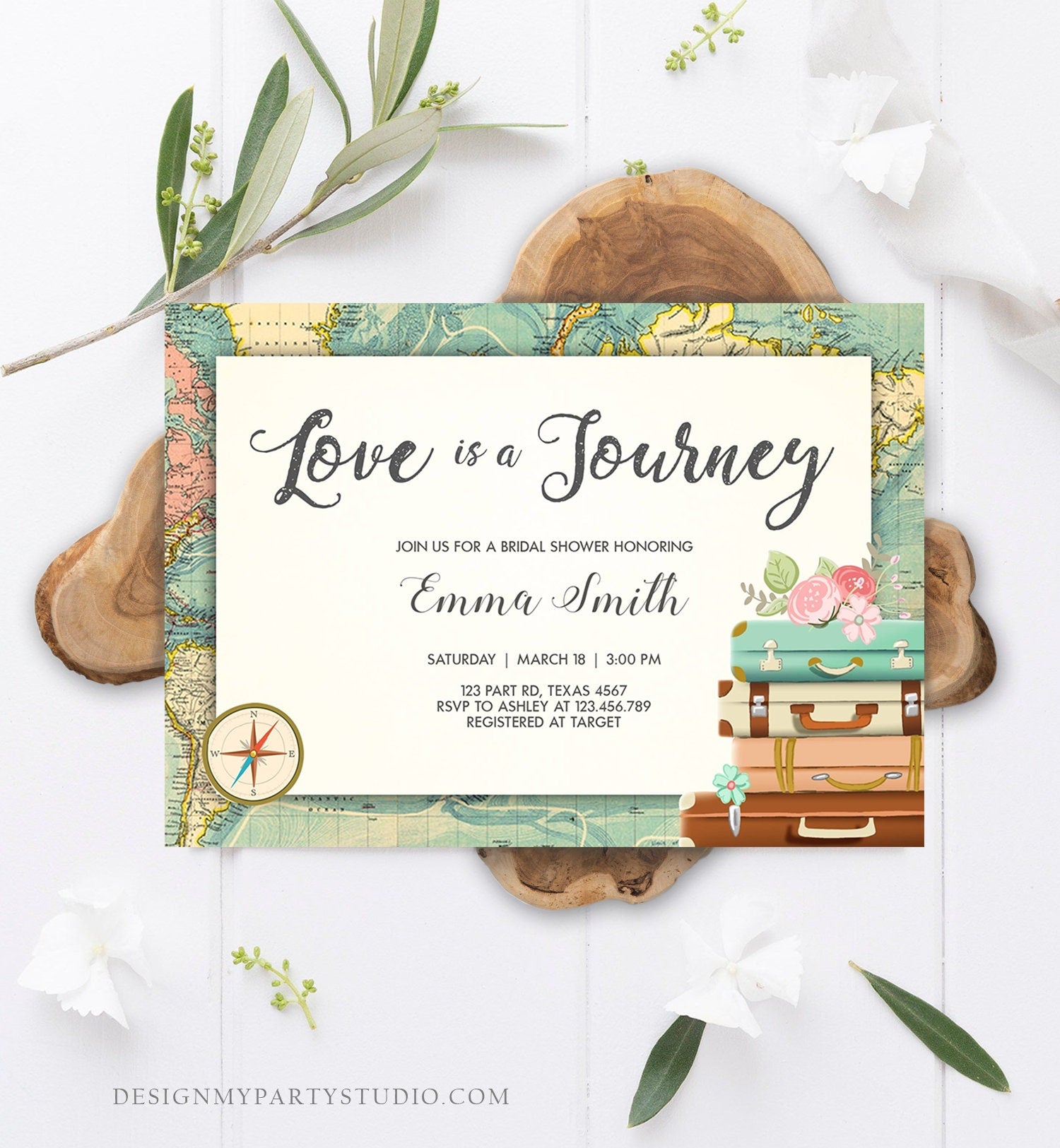 Editable Love is a Journey Bridal Shower Invitation World Map Suitcase Vintage Adventure Download Printable Template Corjl Digital 0044