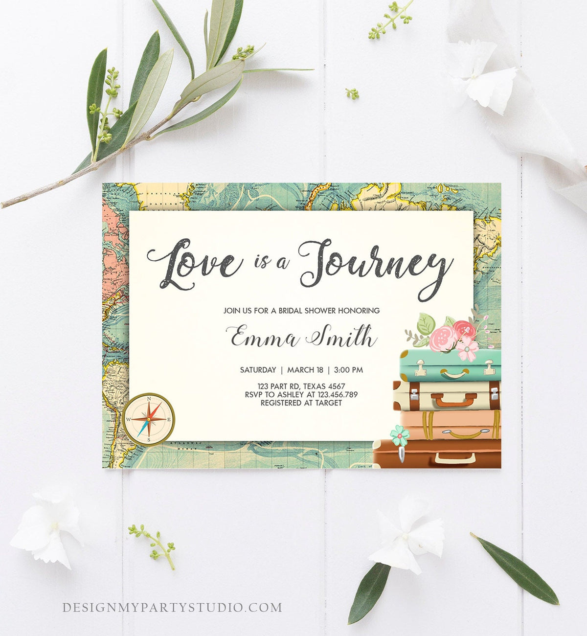 Editable Love is a Journey Bridal Shower Invitation World Map Suitcase Vintage Adventure Download Printable Template Corjl Digital 0044