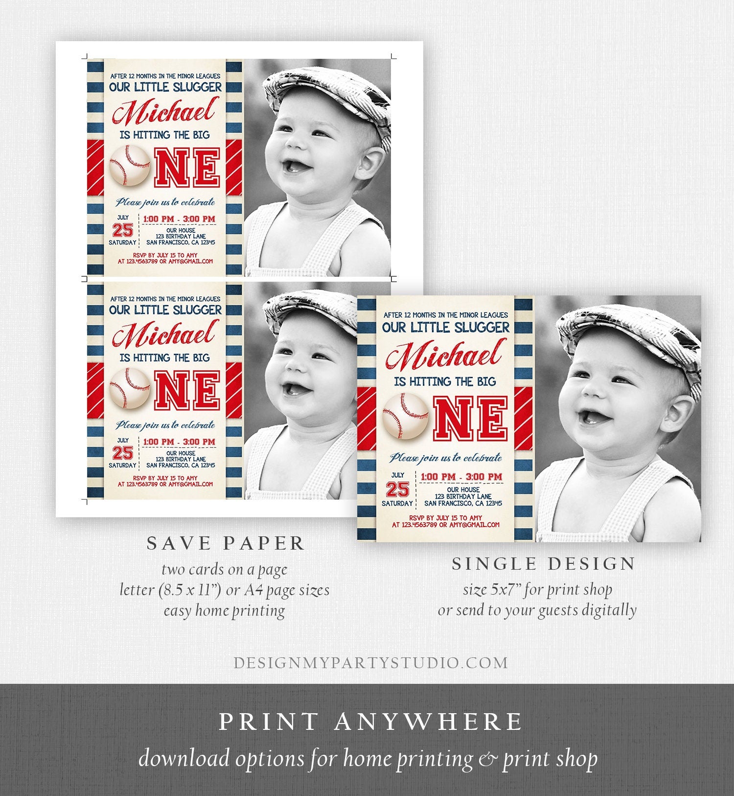 Editable Baseball First Birthday Invitation Boy Little Slugger Rookie of The Year Download Printable Invitation Template Digital Evite 0069