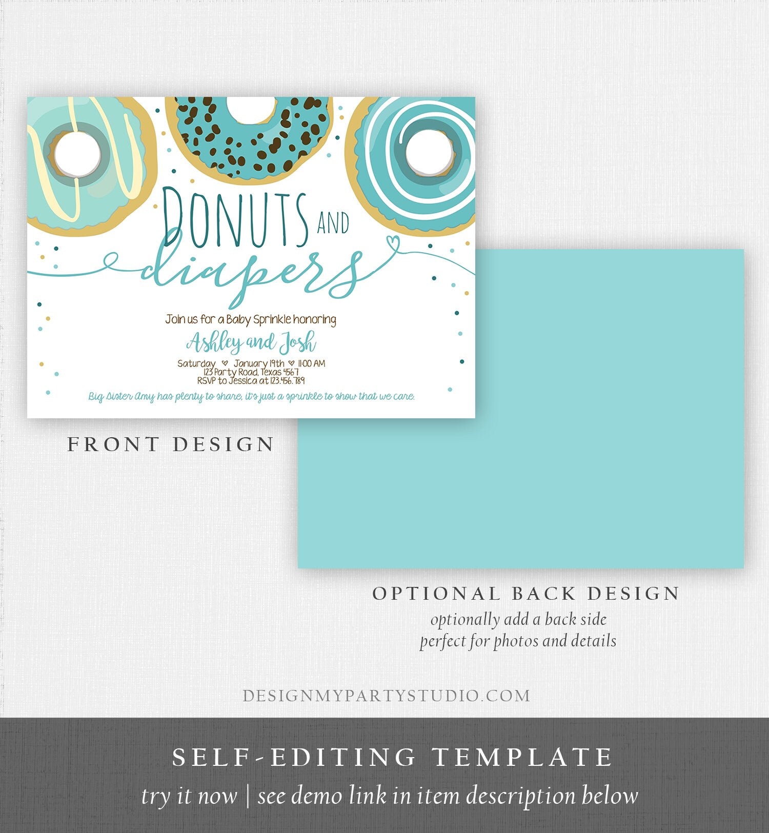 Editable Donuts and Diapers Baby Shower Invitation Sprinkle Sprinkled With Love Coed Boy Blue Pastel Download Printable Corj Template 0050