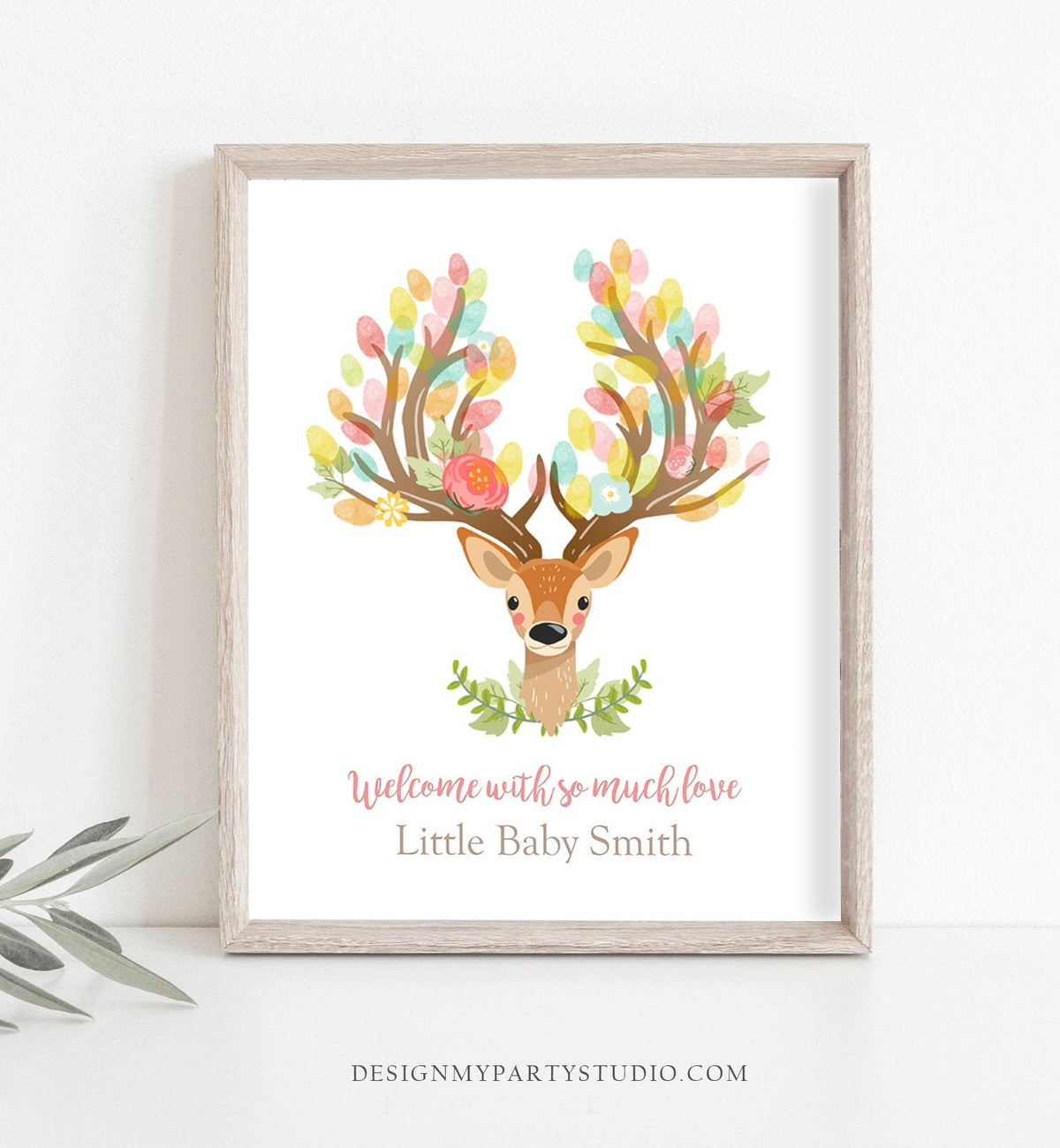 Editable Deer Fingerprint Guestbook Baby Shower Birthday Thumbprints Pink Girl Guest Book Woodland Antler Corjl Template Printable 0060