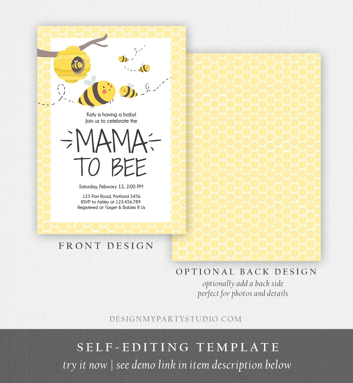 Editable Bee Baby Shower Invitation Mama to Bee Baby Shower Invite Honey Comb Hive Bees Download Printable Template Digital Corjl 0224