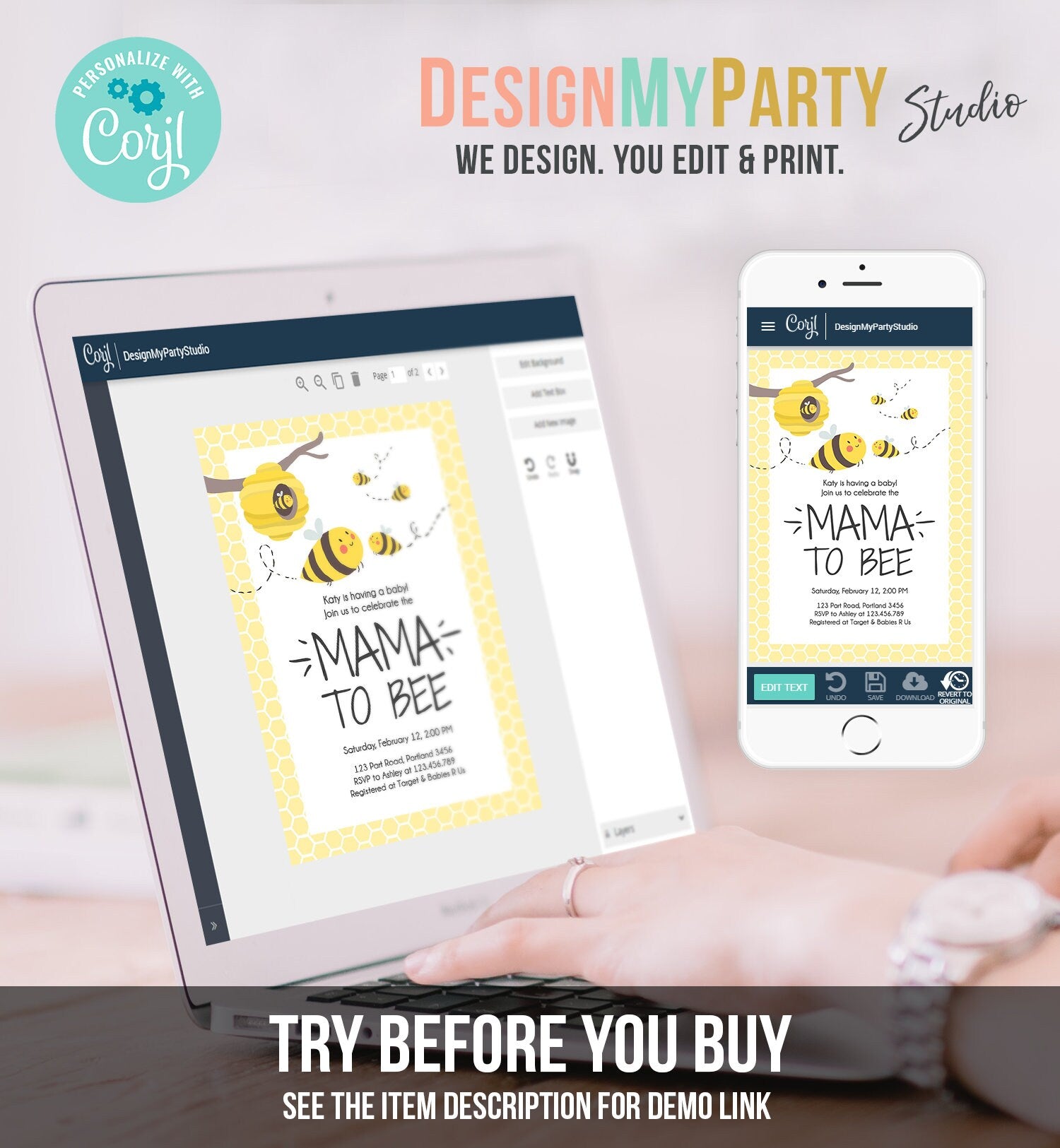 Editable Bee Baby Shower Invitation Mama to Bee Baby Shower Invite Honey Comb Hive Bees Download Printable Template Digital Corjl 0224