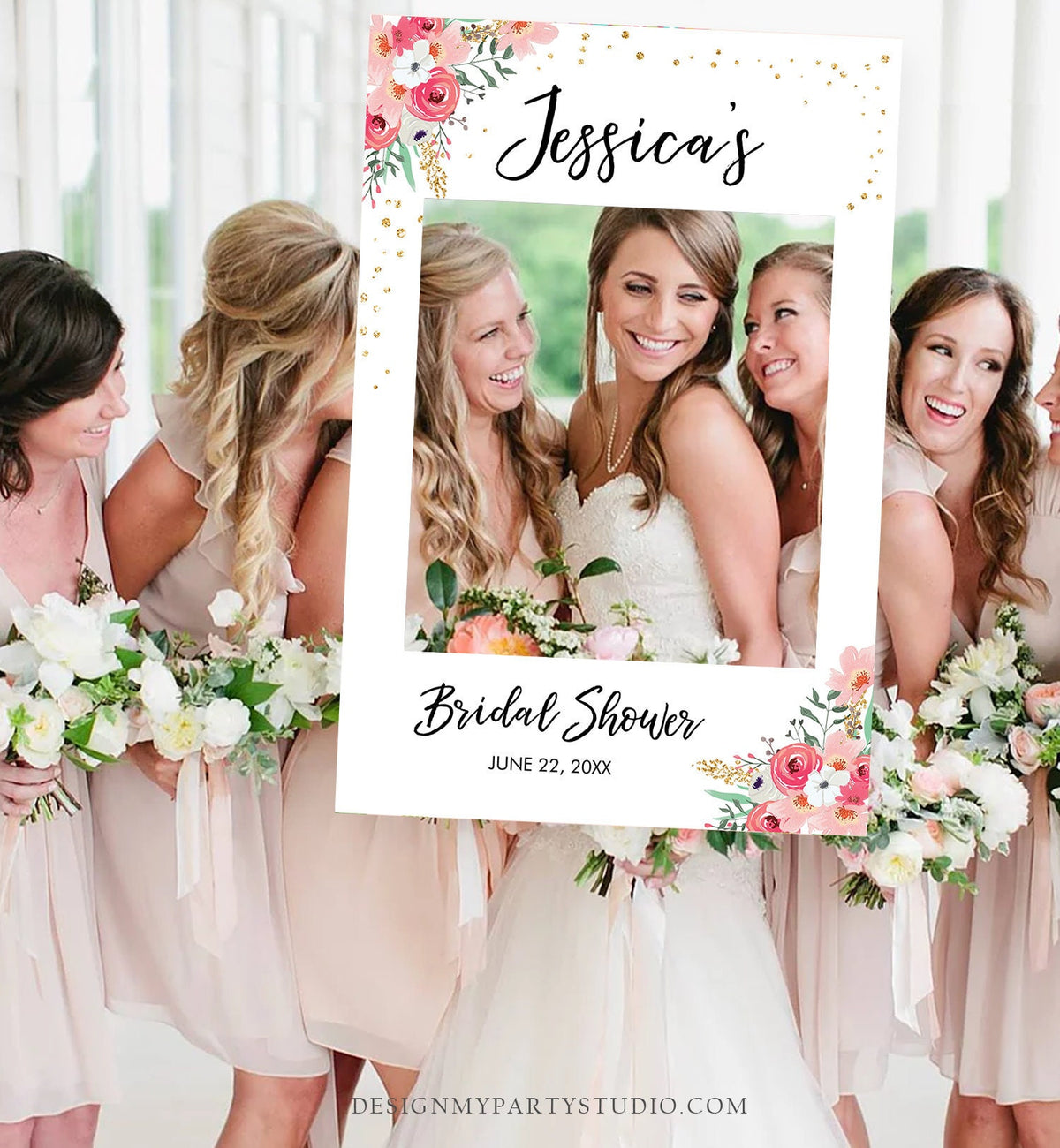 Editable Bridal Shower Photo Prop Floral Bridal Shower Sign Photo Booth Frame Wedding Photo Prop Pink Gold Corjl PRINTABLE 0030 0318