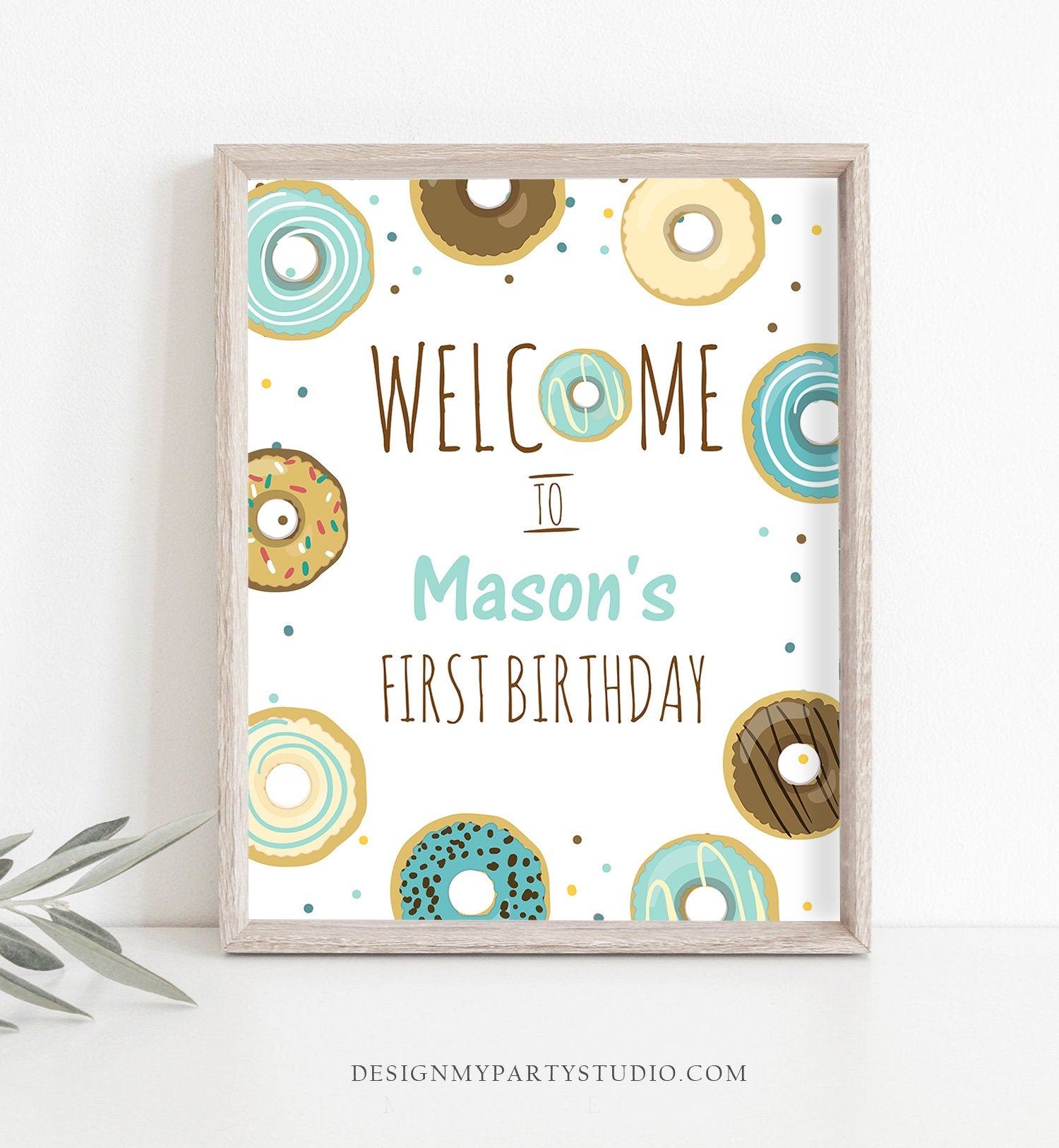 Editable Donut Welcome Sign Birthday Blue Boy Doughnut Baby Shower Table Sign Sprinkle Confetti Download Corjl Template Printable 0050