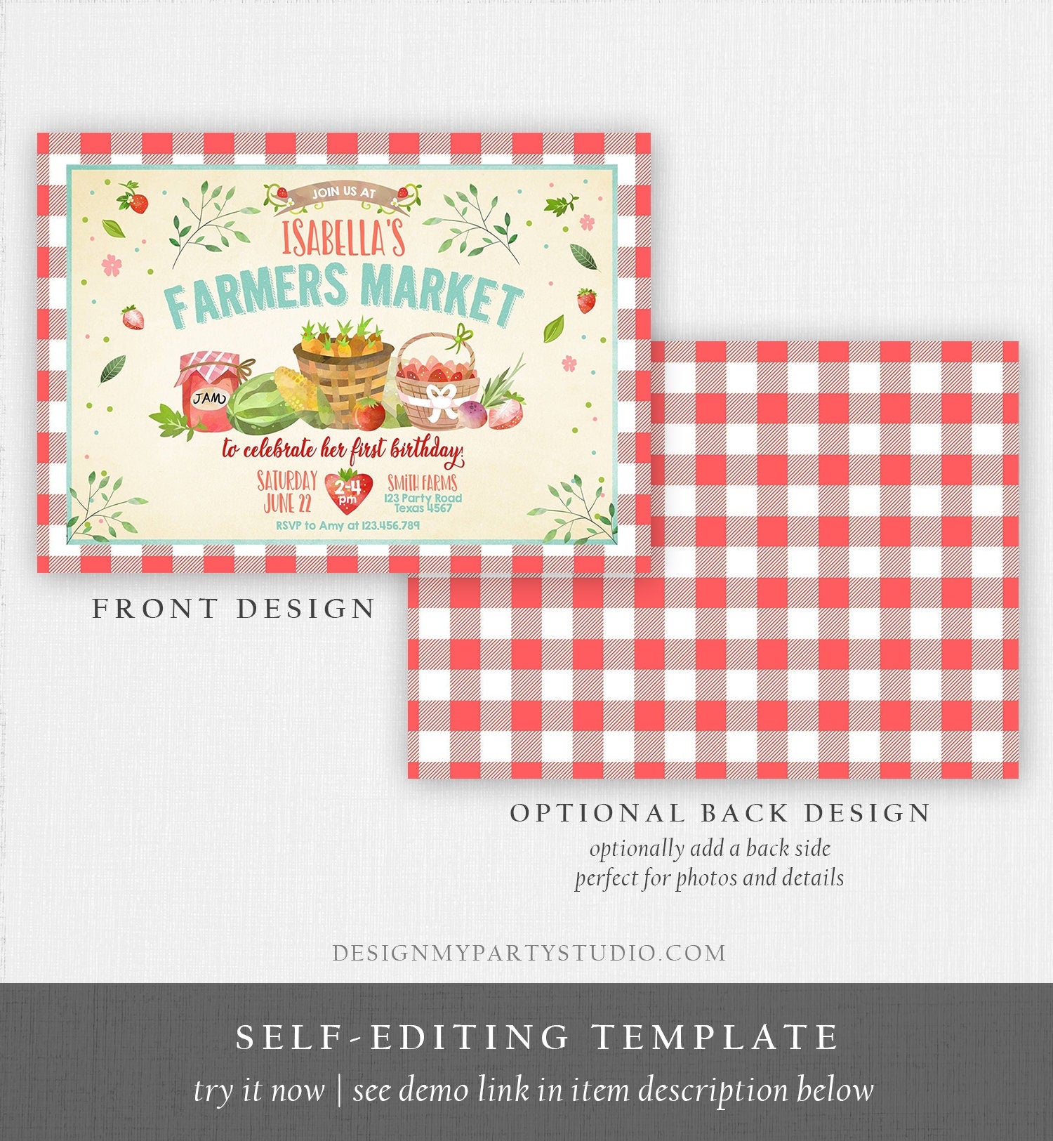 Editable Farmers Market Birthday Invitation Strawberry Farm Party Fruits Market Home Grown Digital Download Evite Template Printable 0144