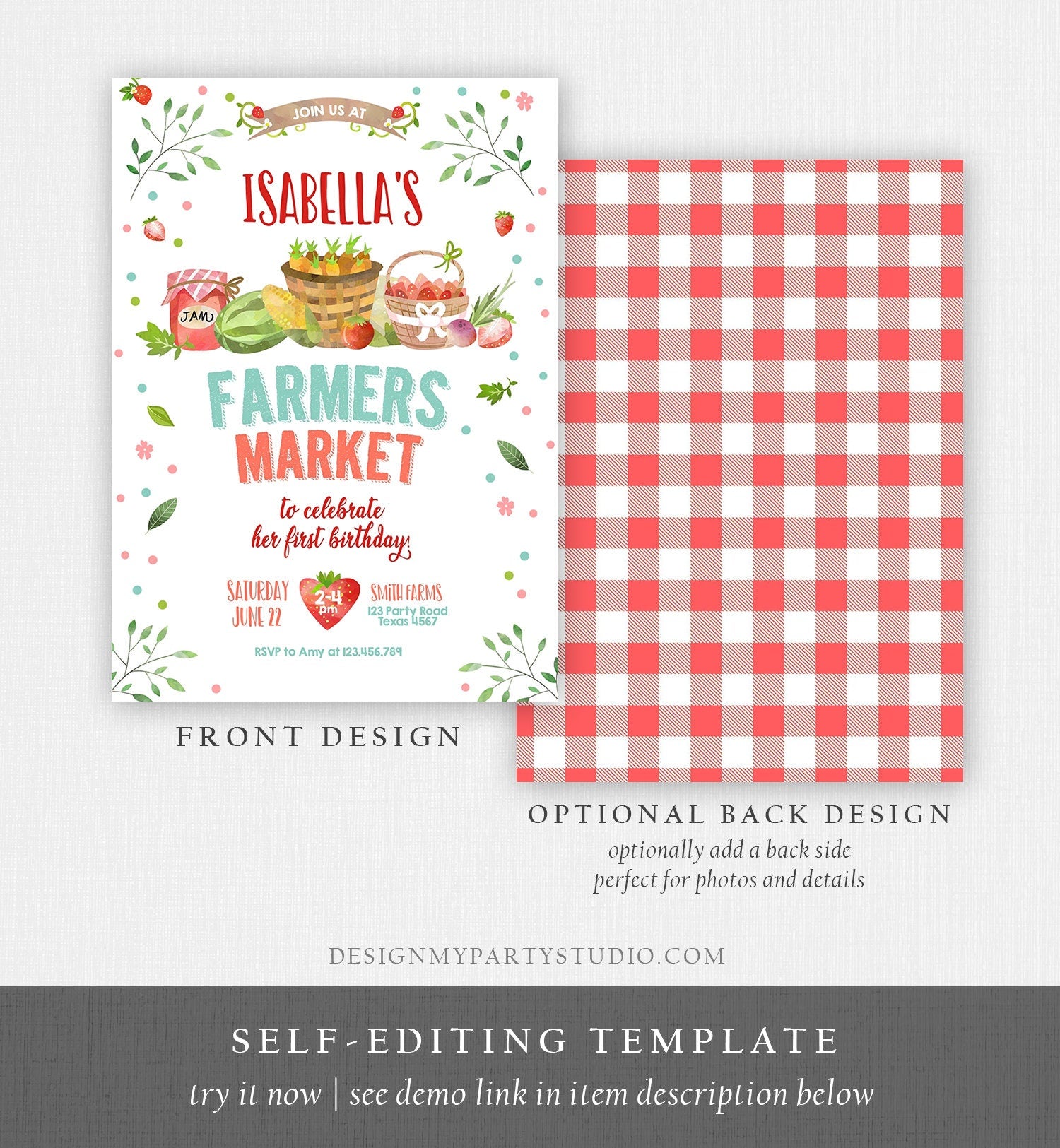 Editable Farmers Market Birthday Invitation Strawberry Home Grown Veggies Farm Fruits Market Download Printable Invite Template Corjl 0144