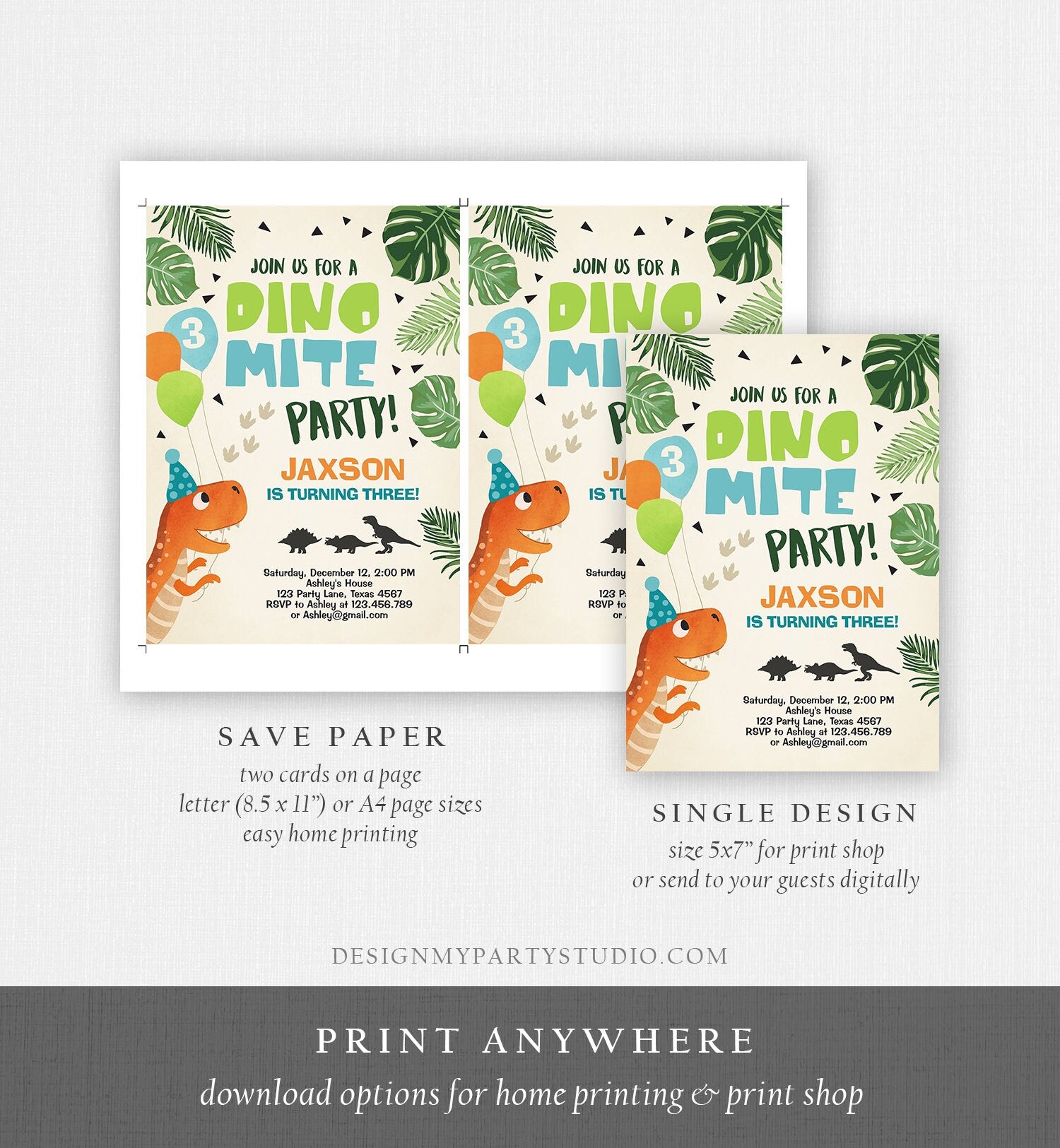 Editable Dinosaur Birthday Invitation Dino Mite T-Rex Dig Party Prehistoric Boy Dino Fossil Digital Download Corjl Template Printable 0074