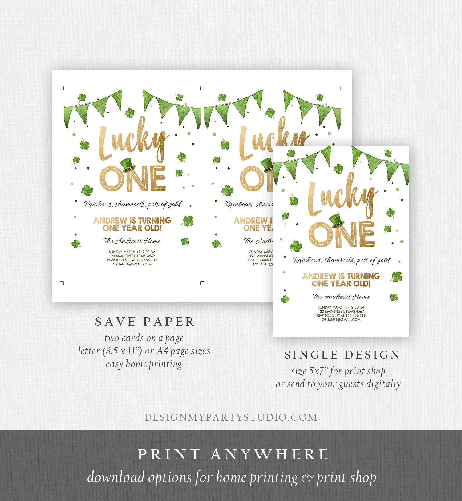 Editable St. Patrick's Day Birthday Invitation Shamrock Clover St Patricks day Birthday Lucky One Printable Invite Template Corjl 0115