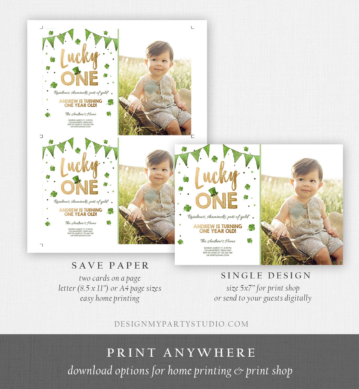 Editable St. Patrick's Day Birthday Invitation Shamrock Clover St Patricks day Birthday Lucky One Printable Invite Template Corjl 0115