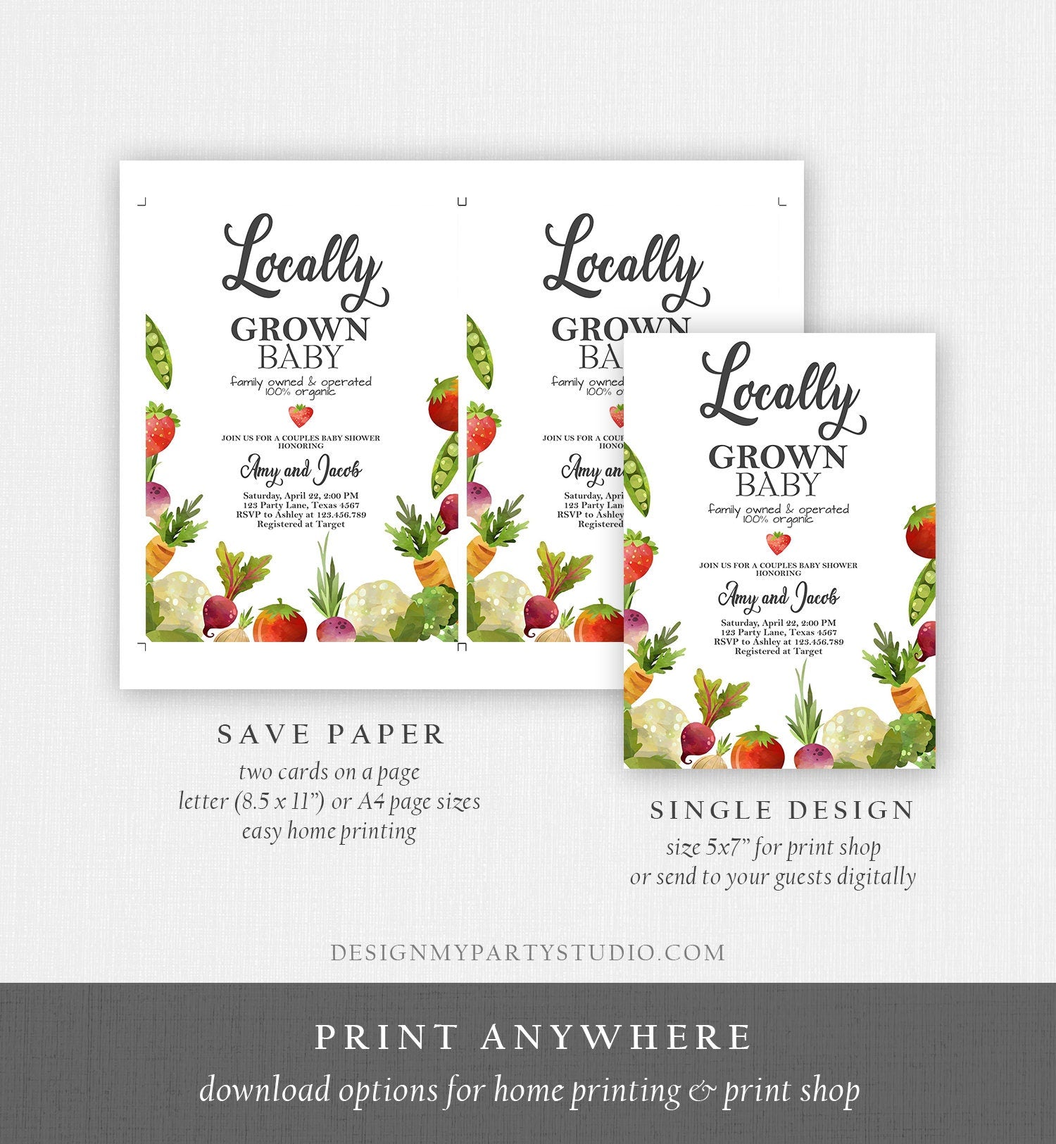 Editable Locally Grown Baby Shower Invitation Farmers Market Fruits and Veggies Vegetable Download Evite Corjl Template Printable 0144