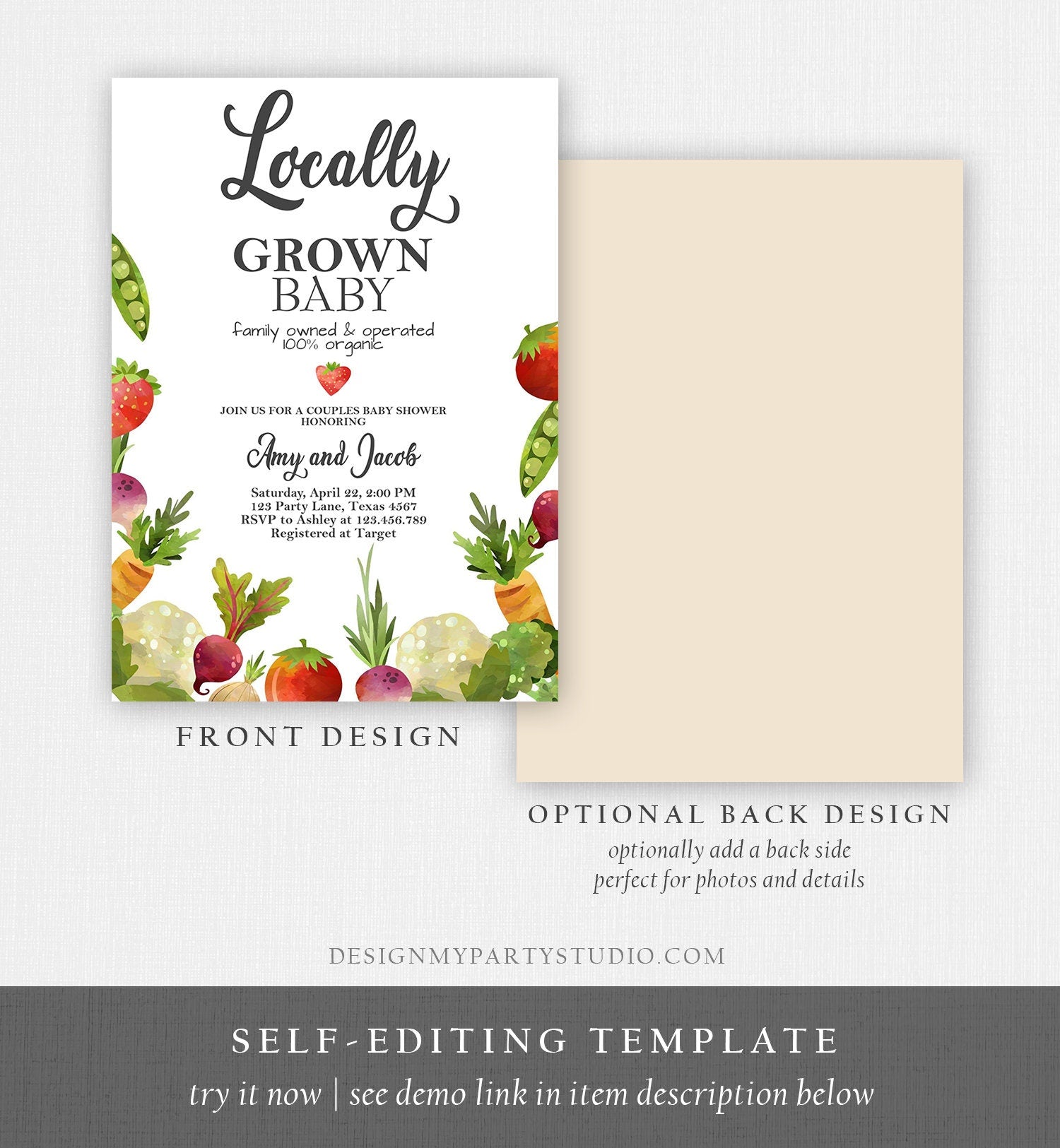 Editable Locally Grown Baby Shower Invitation Farmers Market Fruits and Veggies Vegetable Download Evite Corjl Template Printable 0144