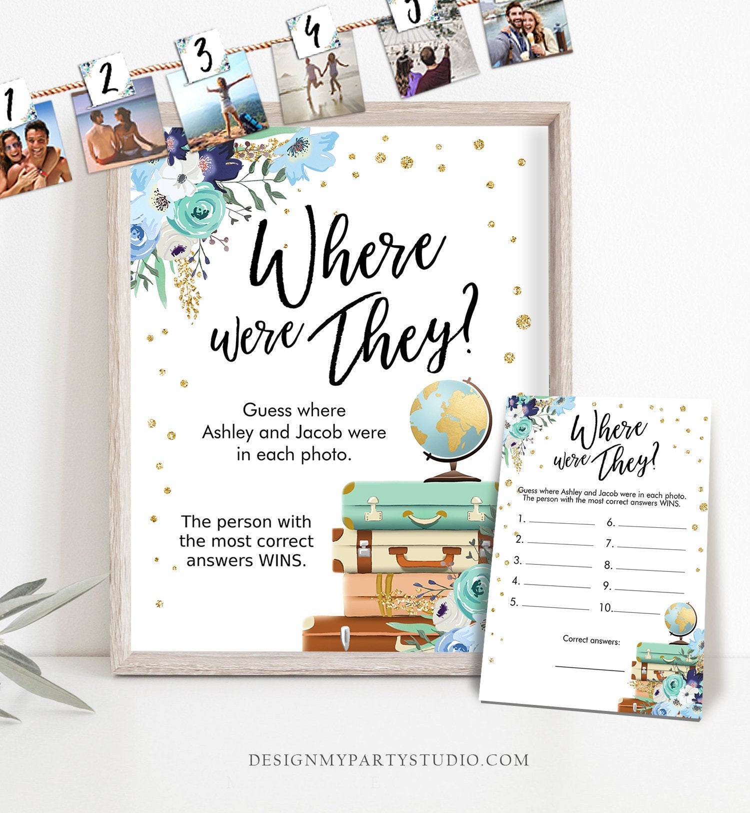 Editable Where Were They? Bridal Shower Game Wedding Shower Activity Floral Travel Adventure Bride and Groom Digital Template Printable 0030