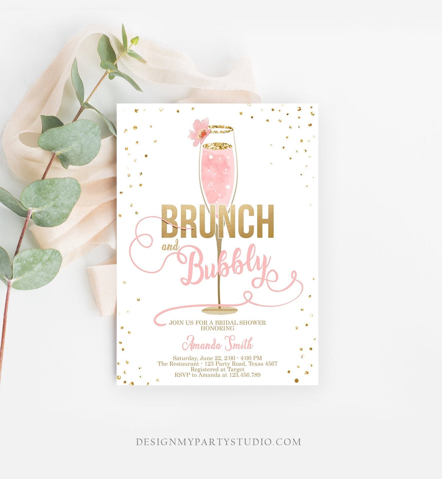 Editable Brunch and Bubbly Bridal Shower Invitation Floral Champagne Gold Pink Wedding Digital Download Corjl Template Printable 0150