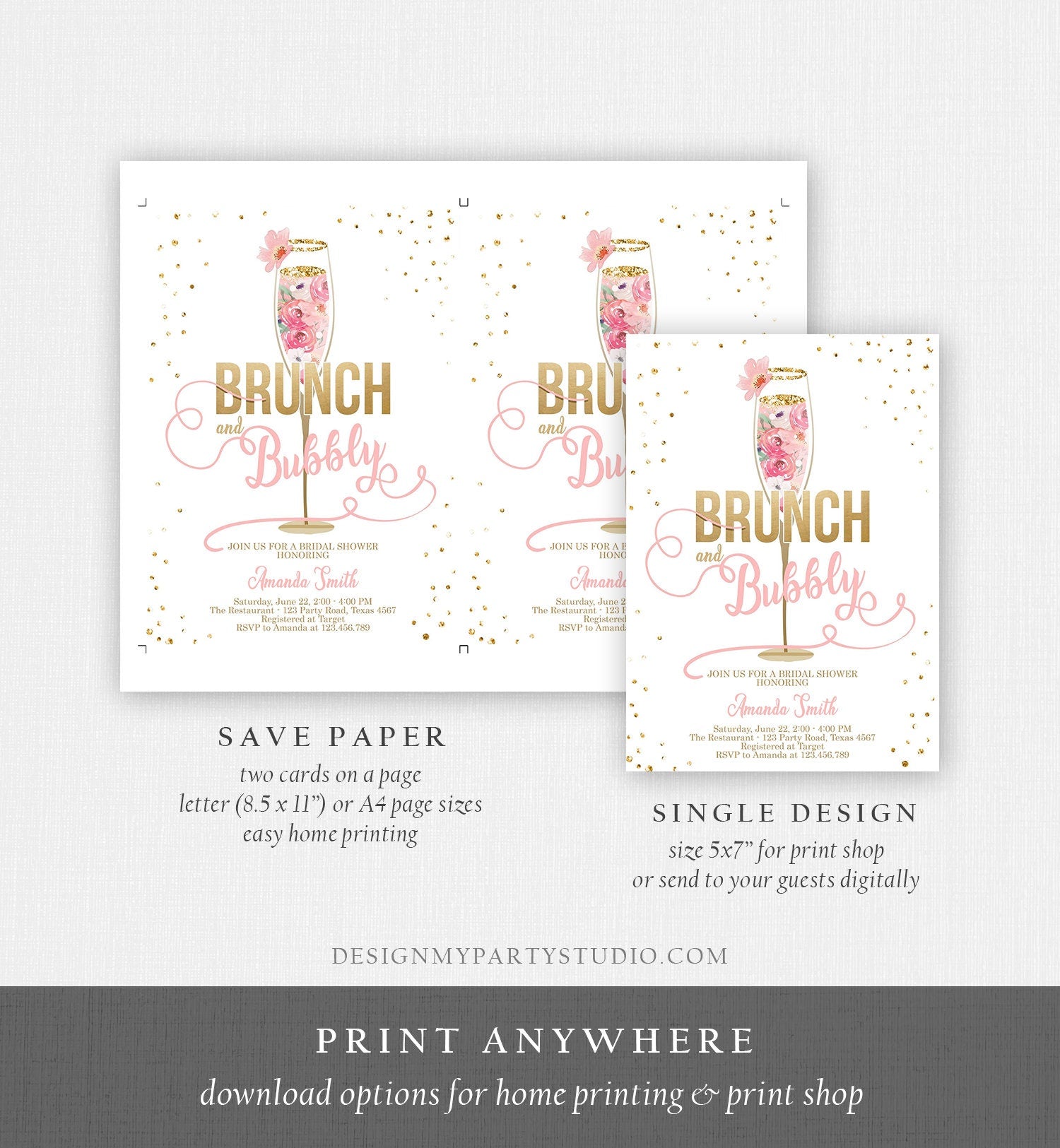 Editable Brunch and Bubbly Bridal Shower Invitation Floral Champagne Gold Pink Wedding Digital Download Corjl Template Printable 0150