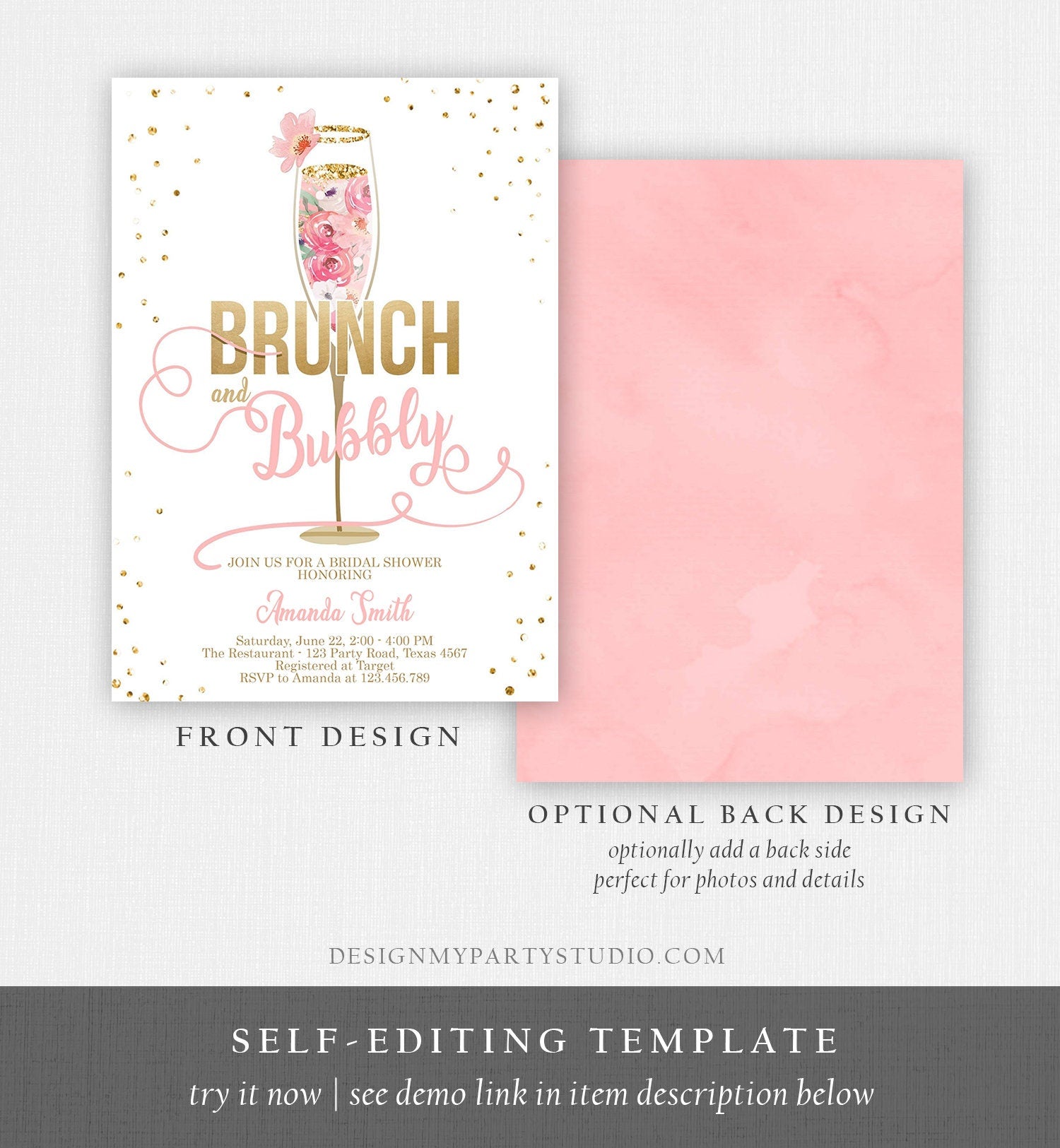 Editable Brunch and Bubbly Bridal Shower Invitation Floral Champagne Gold Pink Wedding Digital Download Corjl Template Printable 0150