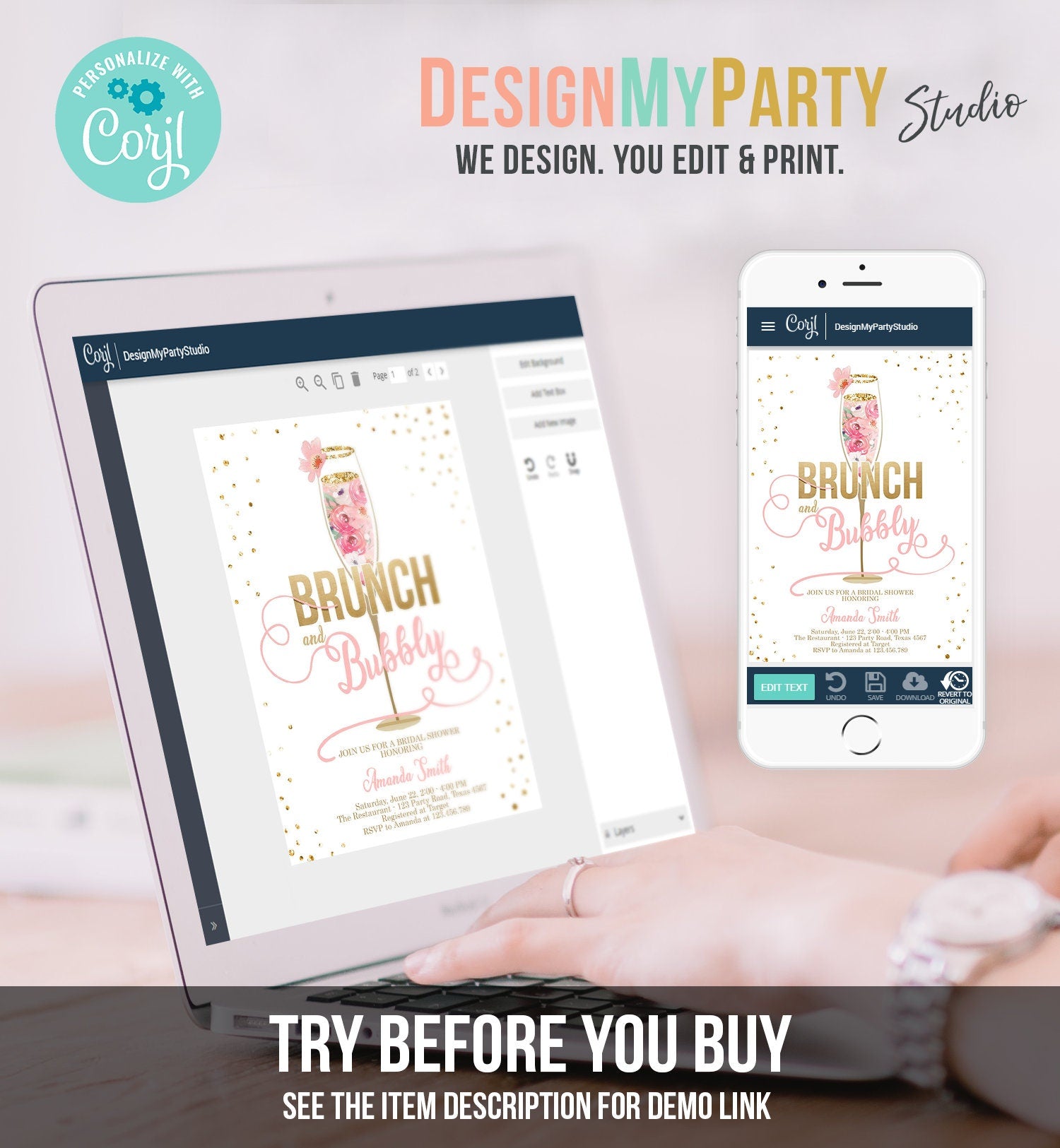 Editable Brunch and Bubbly Bridal Shower Invitation Floral Champagne Gold Pink Wedding Digital Download Corjl Template Printable 0150