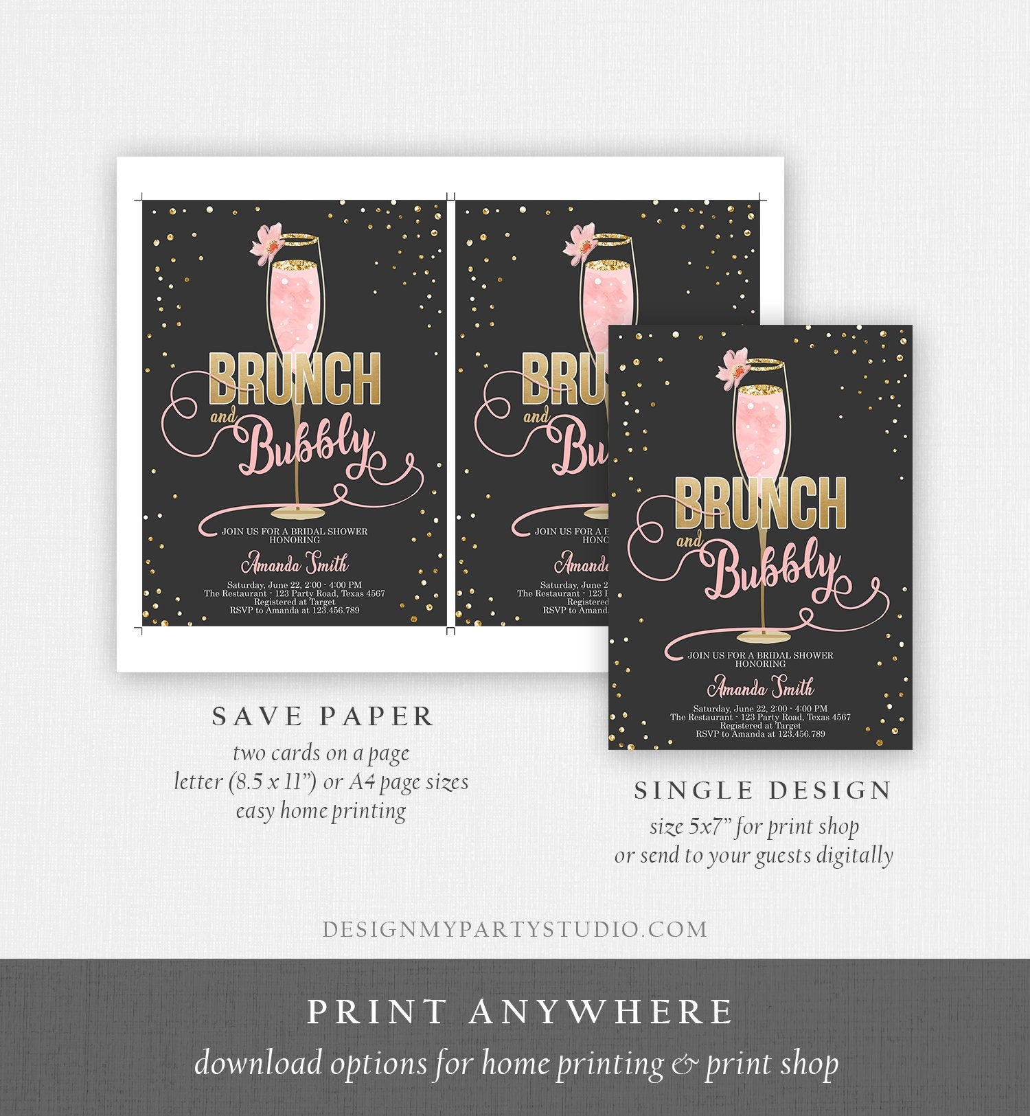 Editable Brunch and Bubbly Bridal Shower Invitation Floral Champagne Gold Pink Wedding Download Printable Template Digital Corjl 0150