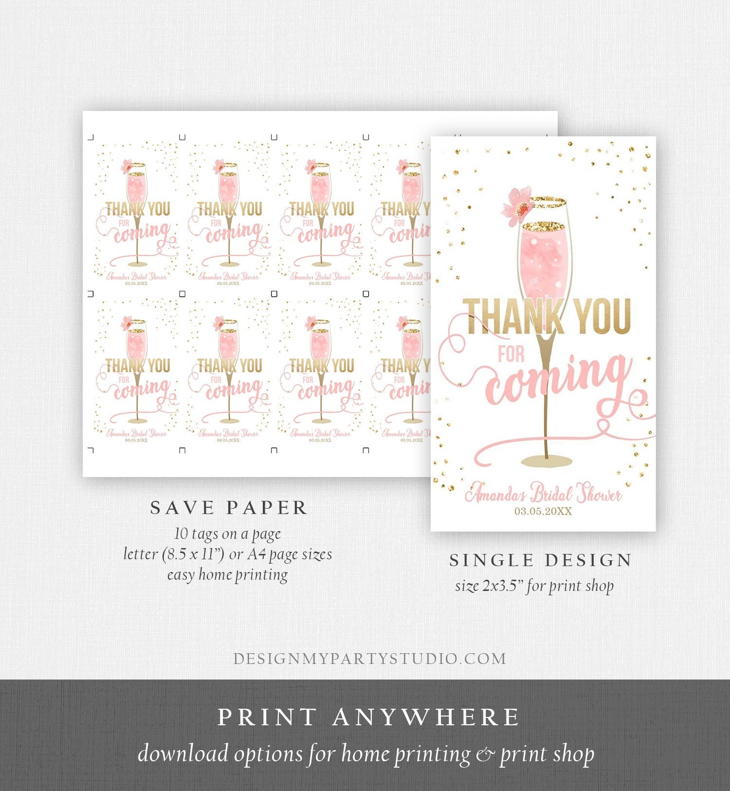 Editable Brunch and Bubbly Thank you tags Bubbly Bridal shower favor tags Pink Gold Floral printable Tag Template PRINTABLE Corjl 0150