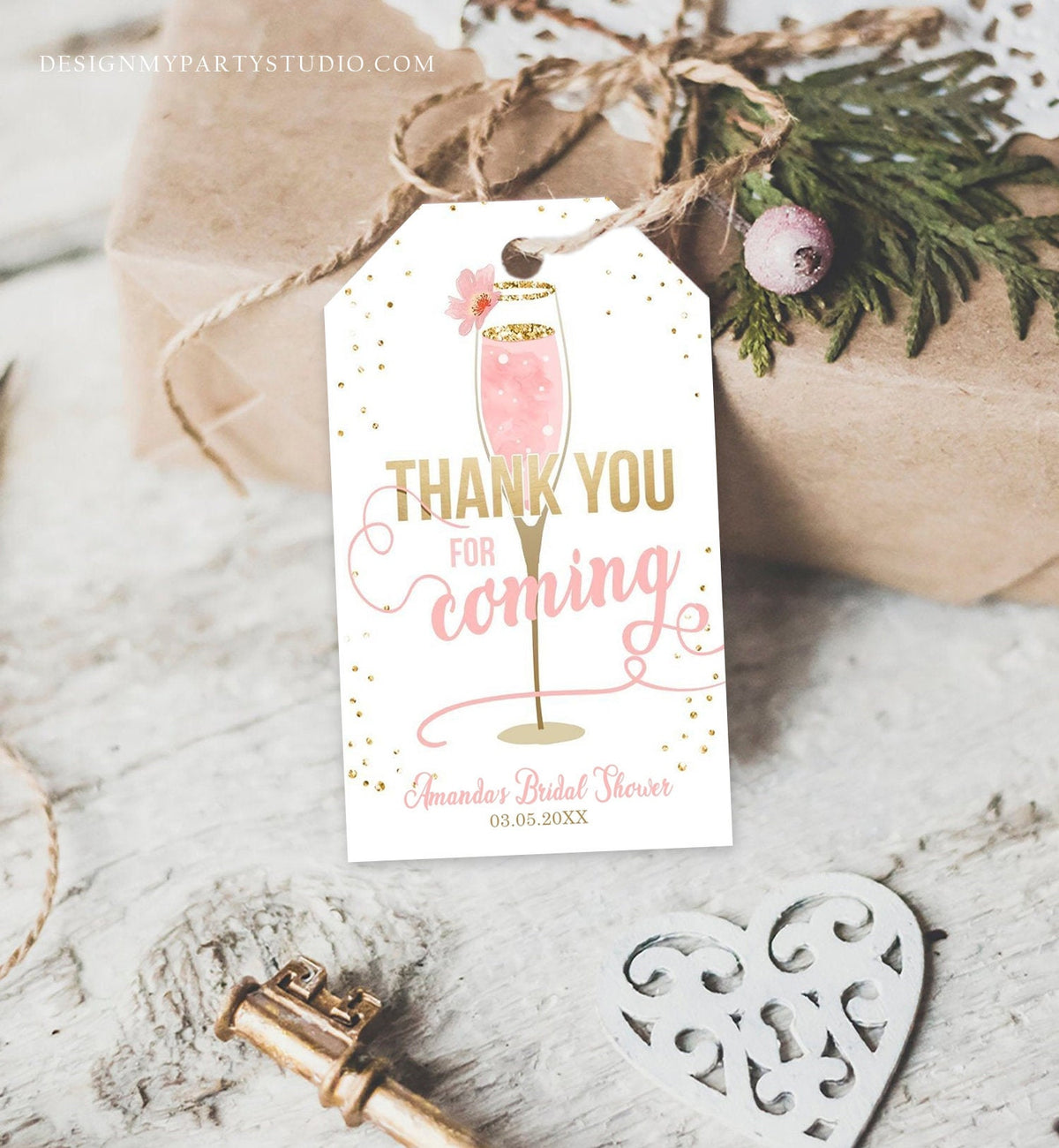 Editable Brunch and Bubbly Thank you tags Bubbly Bridal shower favor tags Pink Gold Floral printable Tag Template PRINTABLE Corjl 0150