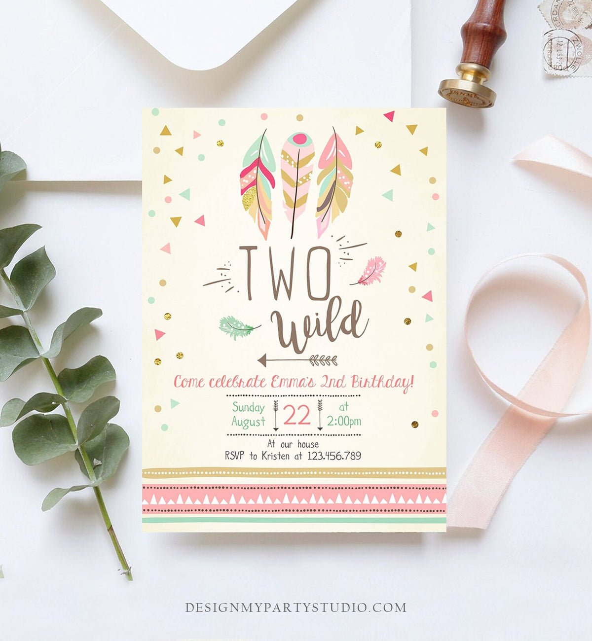 Editable Two Wild Birthday Invitation Feathers Tribal Girl Pink Boho Arrow Coral Mint Instant Download Printable Corjl Template Digital 0073