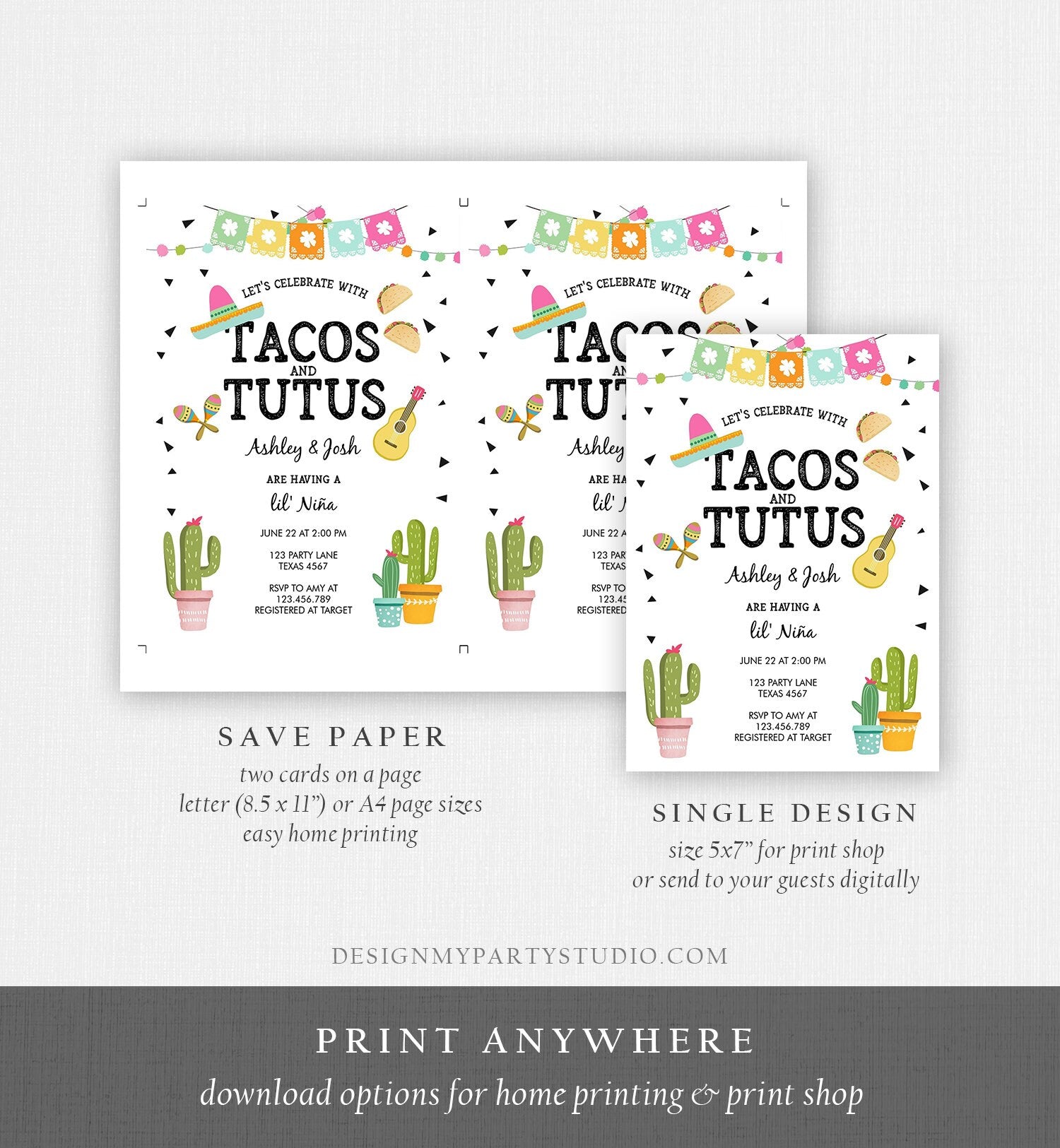 Editable Tacos and Tutus Baby Shower Invitation Cactus Mexican Fiesta Girl Birthday Invite Download Printable Invite Template Corjl 0161