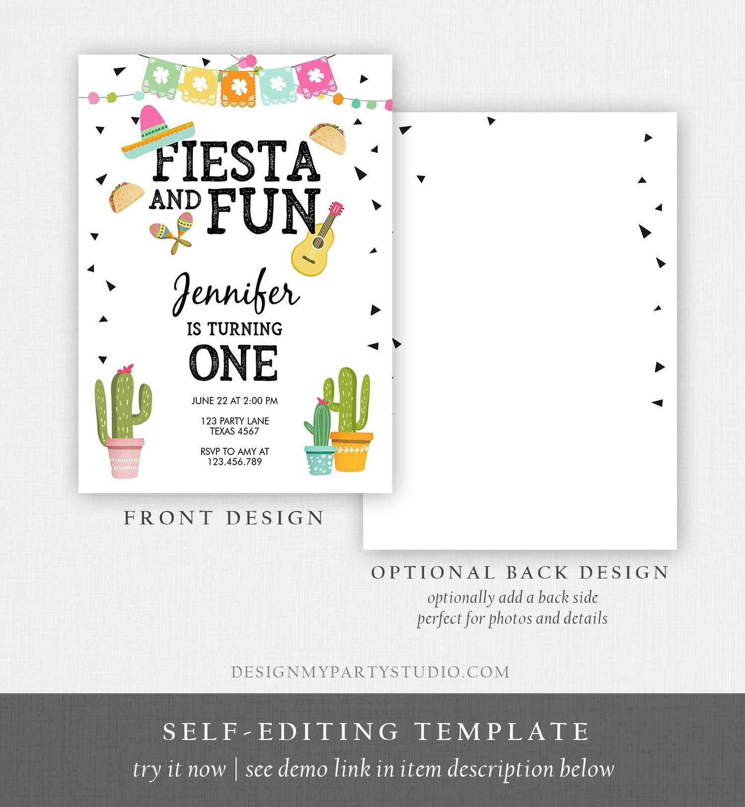 Editable Fiesta and Fun Birthday Invitation First Fiesta Cactus Sombrero Girl Instant Download Printable Invitation Template Corjl 0161