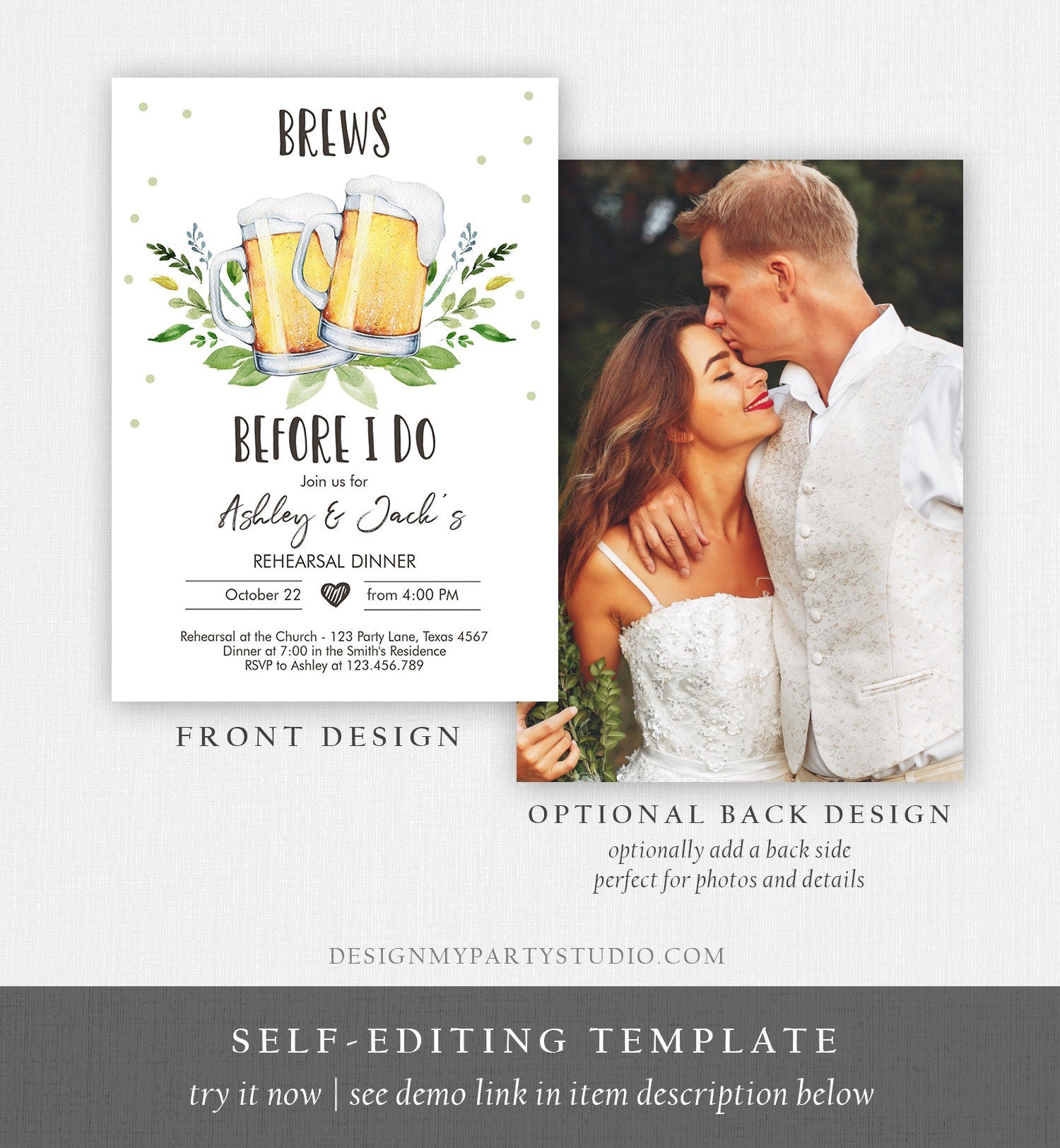 Editable Brews Before I Do Invitation Rehearsal Dinner Invitation Rustic Greenery Couples Shower Download Corjl Template Printable 0190