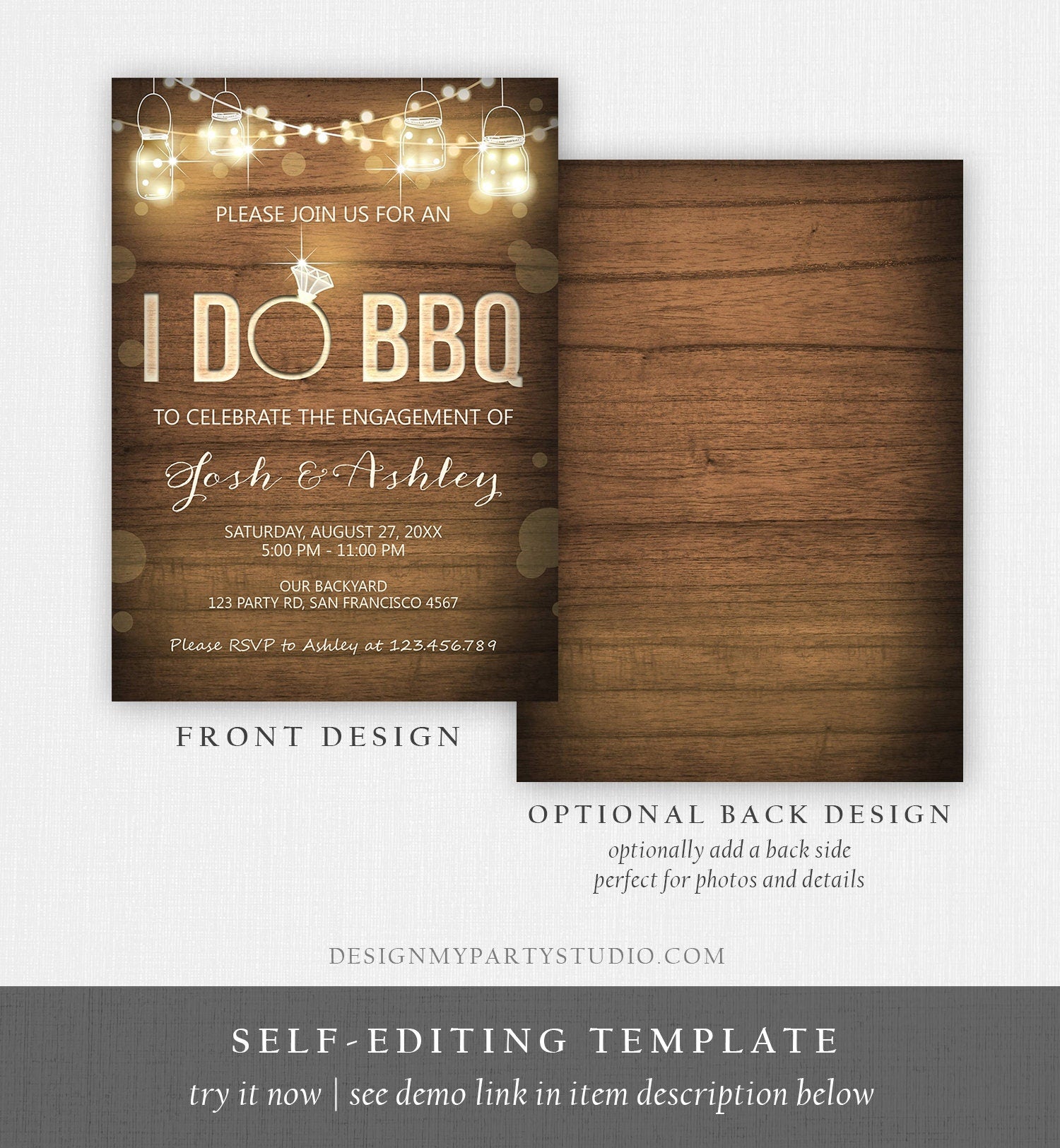 Editable I Do BBQ Invitation Couples Shower Invite Engagement Party Rustic Wood Lights Jars Download Printable Template Corjl Digital 0015