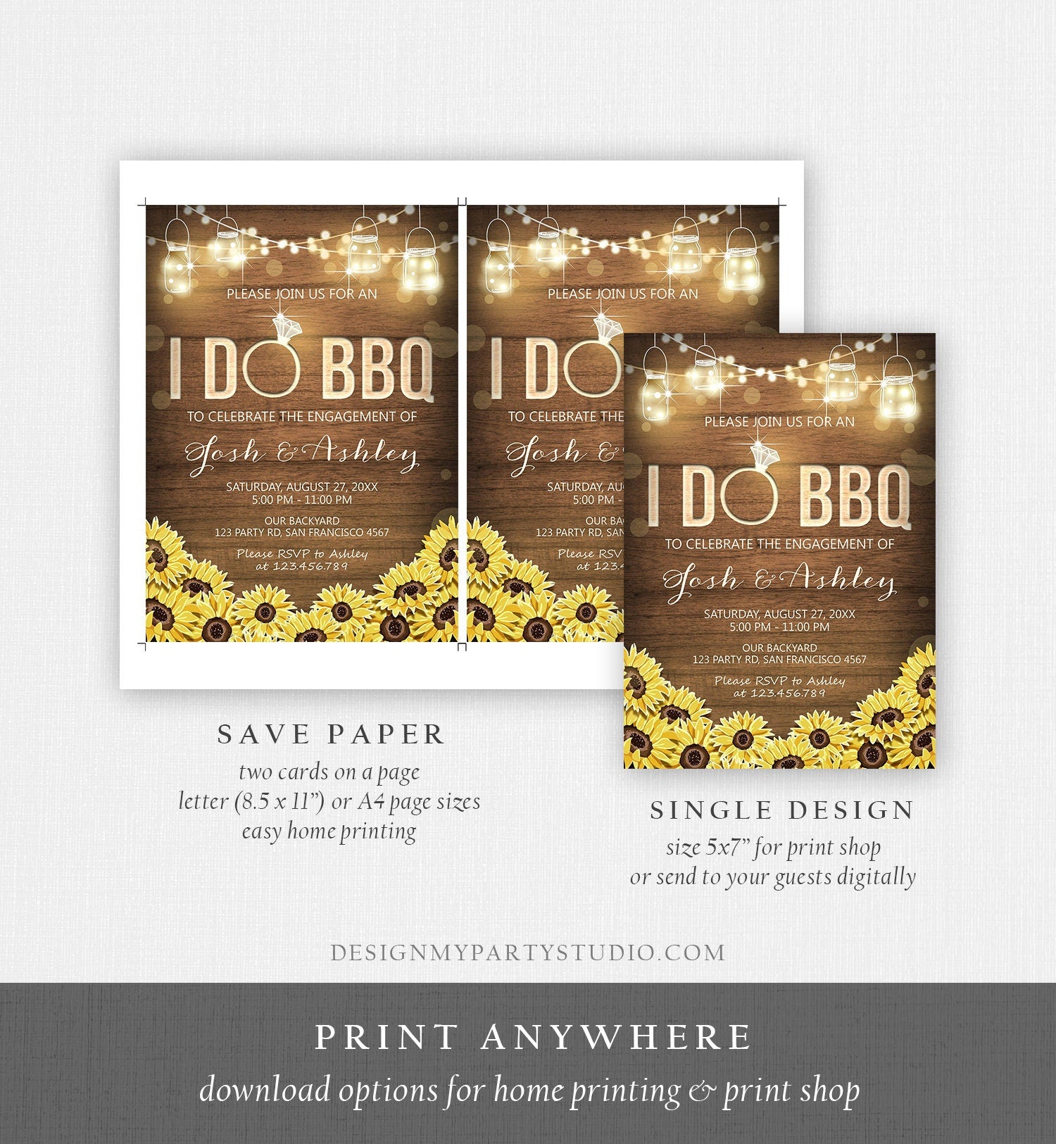 Editable I Do BBQ Invitation Couples Shower Invite Engagement Party Rustic Wood Lights Sunflowers Printable Template Corjl Digital 0015