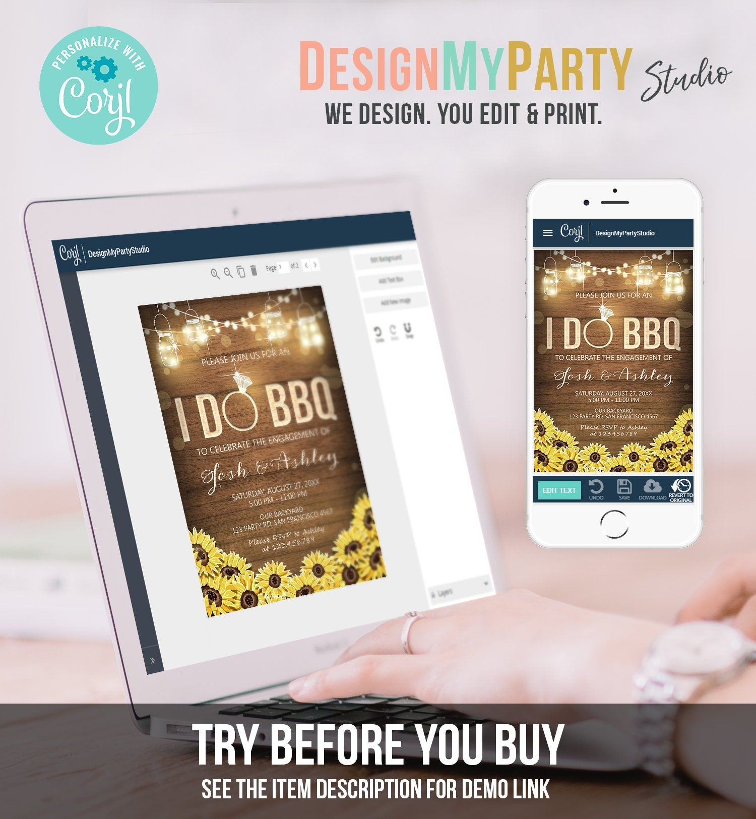 Editable I Do BBQ Invitation Couples Shower Invite Engagement Party Rustic Wood Lights Sunflowers Printable Template Corjl Digital 0015