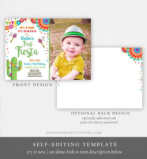 Editable First Fiesta Birthday Invitation Let's Fiesta No Time To Siesta Cactus Mexican Boy Samba Download Printable Corjl Template 0045