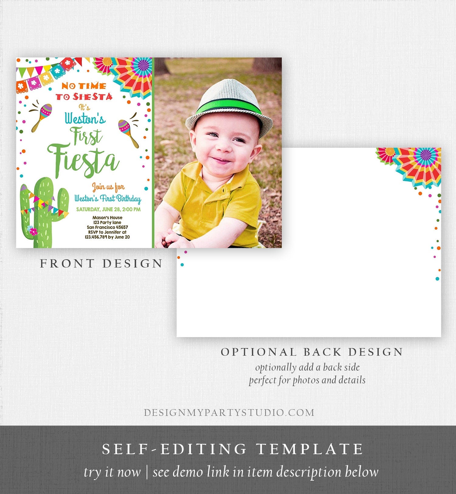 Editable First Fiesta Birthday Invitation Let's Fiesta No Time To Siesta Cactus Mexican Boy Samba Digital Evite Template Printable 0045