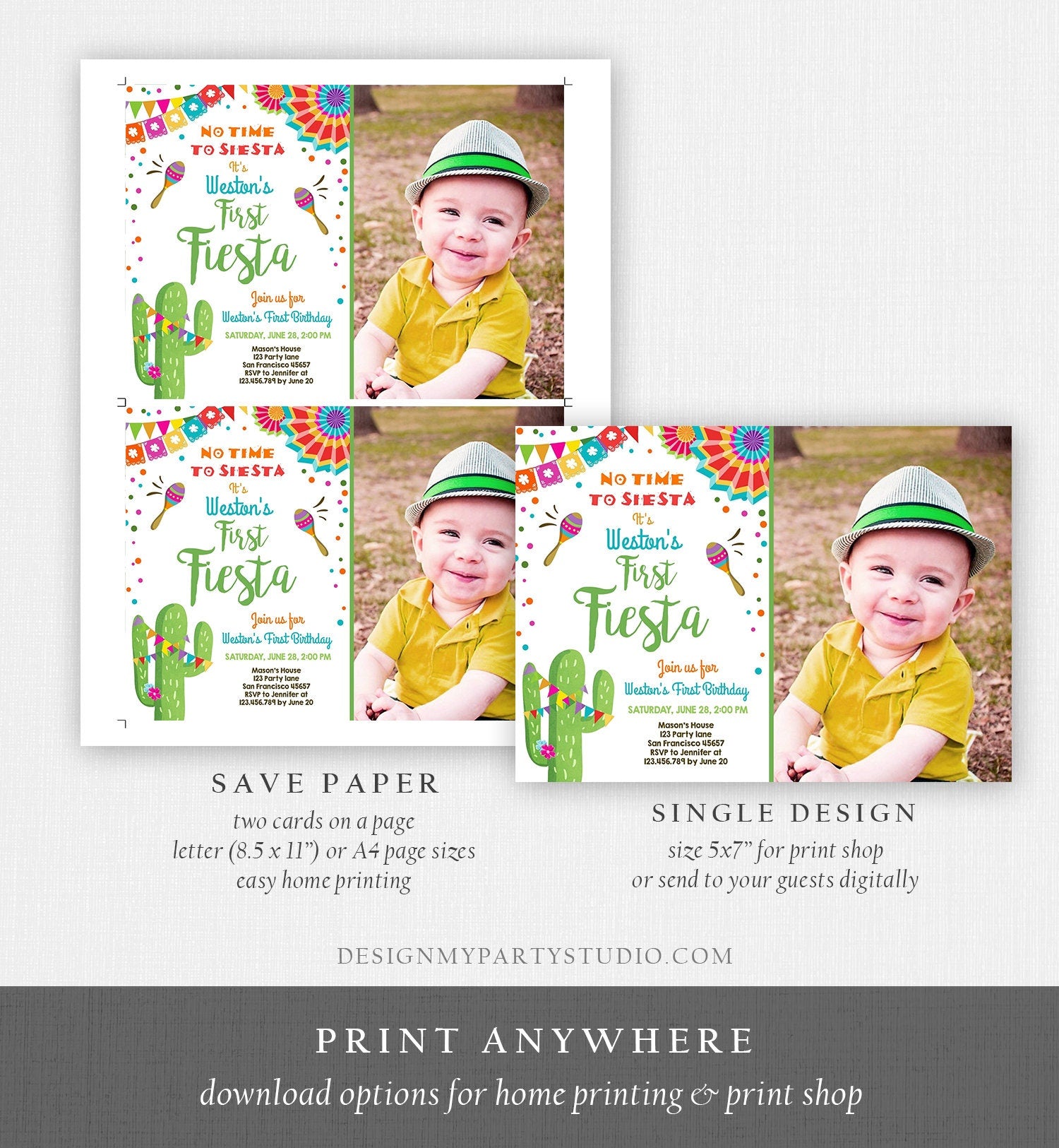 Editable First Fiesta Birthday Invitation Let's Fiesta No Time To Siesta Cactus Mexican Boy Samba Digital Evite Template Printable 0045