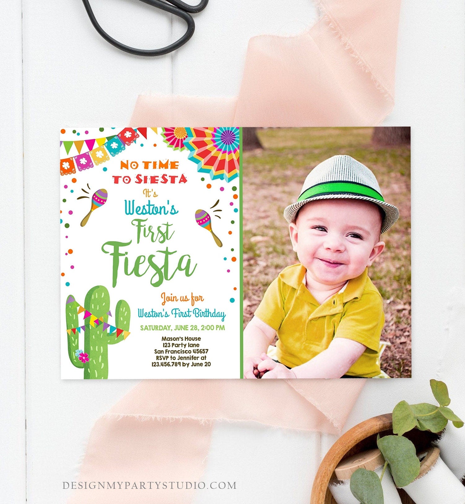 Editable First Fiesta Birthday Invitation Let's Fiesta No Time To Siesta Cactus Mexican Boy Samba Download Printable Corjl Template 0045