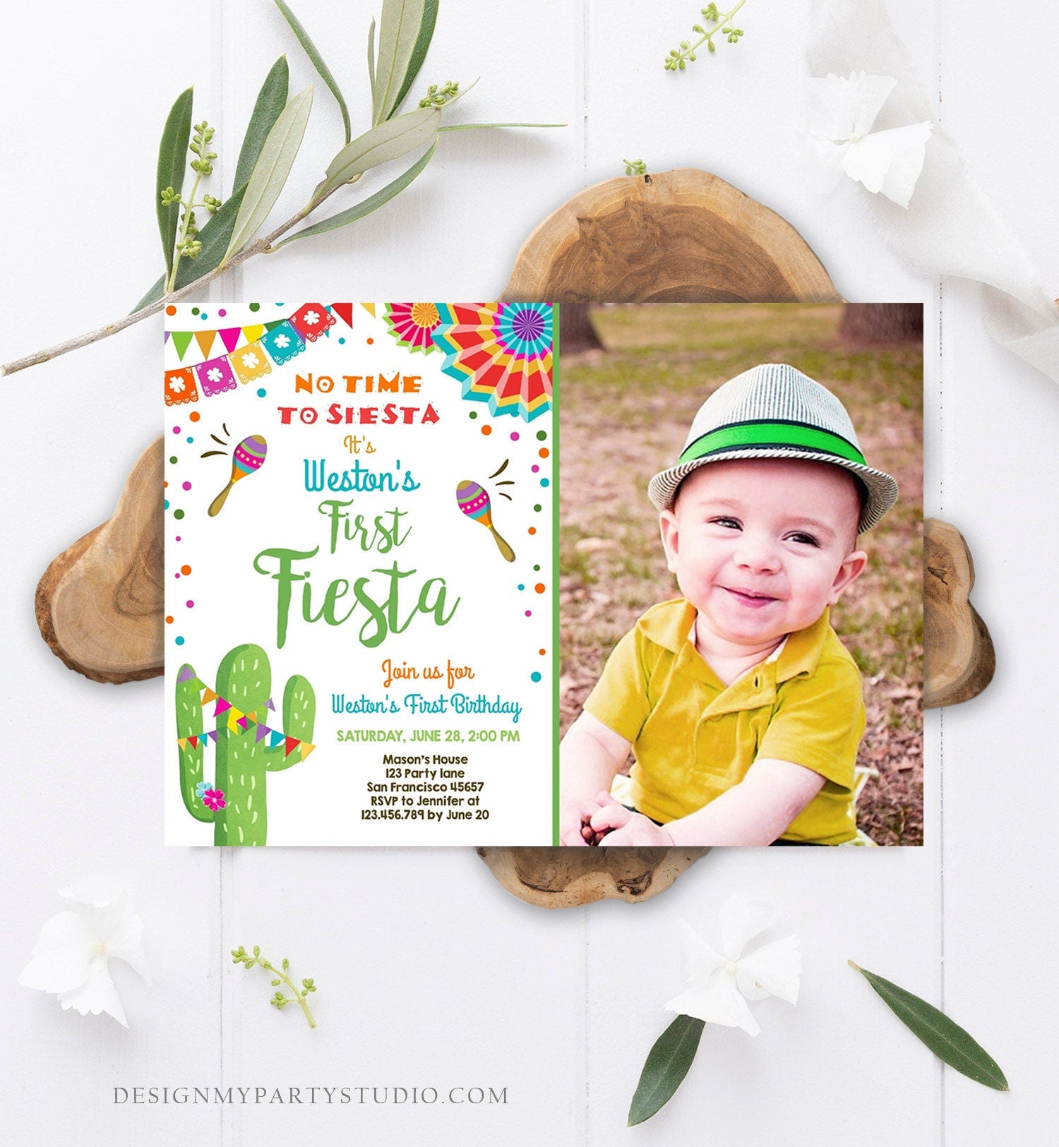 Editable First Fiesta Birthday Invitation Let's Fiesta No Time To Siesta Cactus Mexican Boy Samba Digital Evite Template Printable 0045