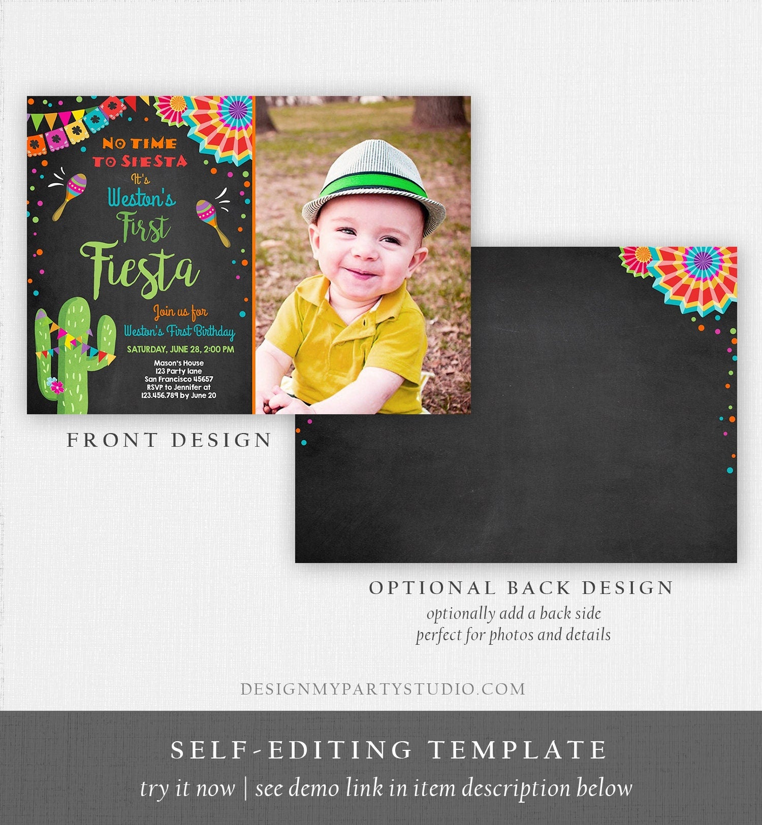 Editable First Fiesta Birthday Invitation Let's Fiesta No Time To Siesta Cactus Mexican Boy Samba Download Printable Corjl Template 0045