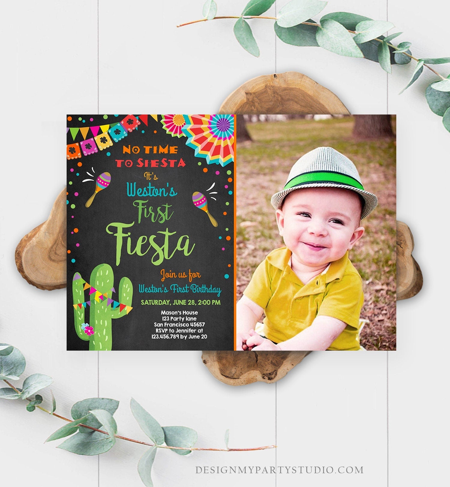 Editable First Fiesta Birthday Invitation Let's Fiesta No Time To Siesta Cactus Mexican Boy Samba Download Printable Corjl Template 0045