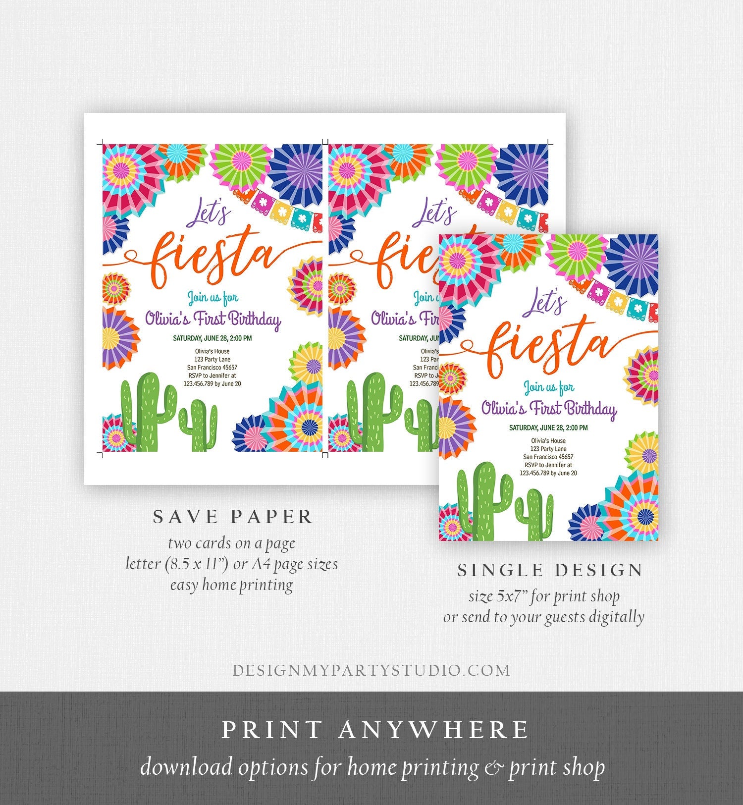 Editable Let's Fiesta Birthday Invitation ANY AGE Girl First Birthday Uno Cactus Cinco Mayo Mexican Download Corjl Template Printable 0236