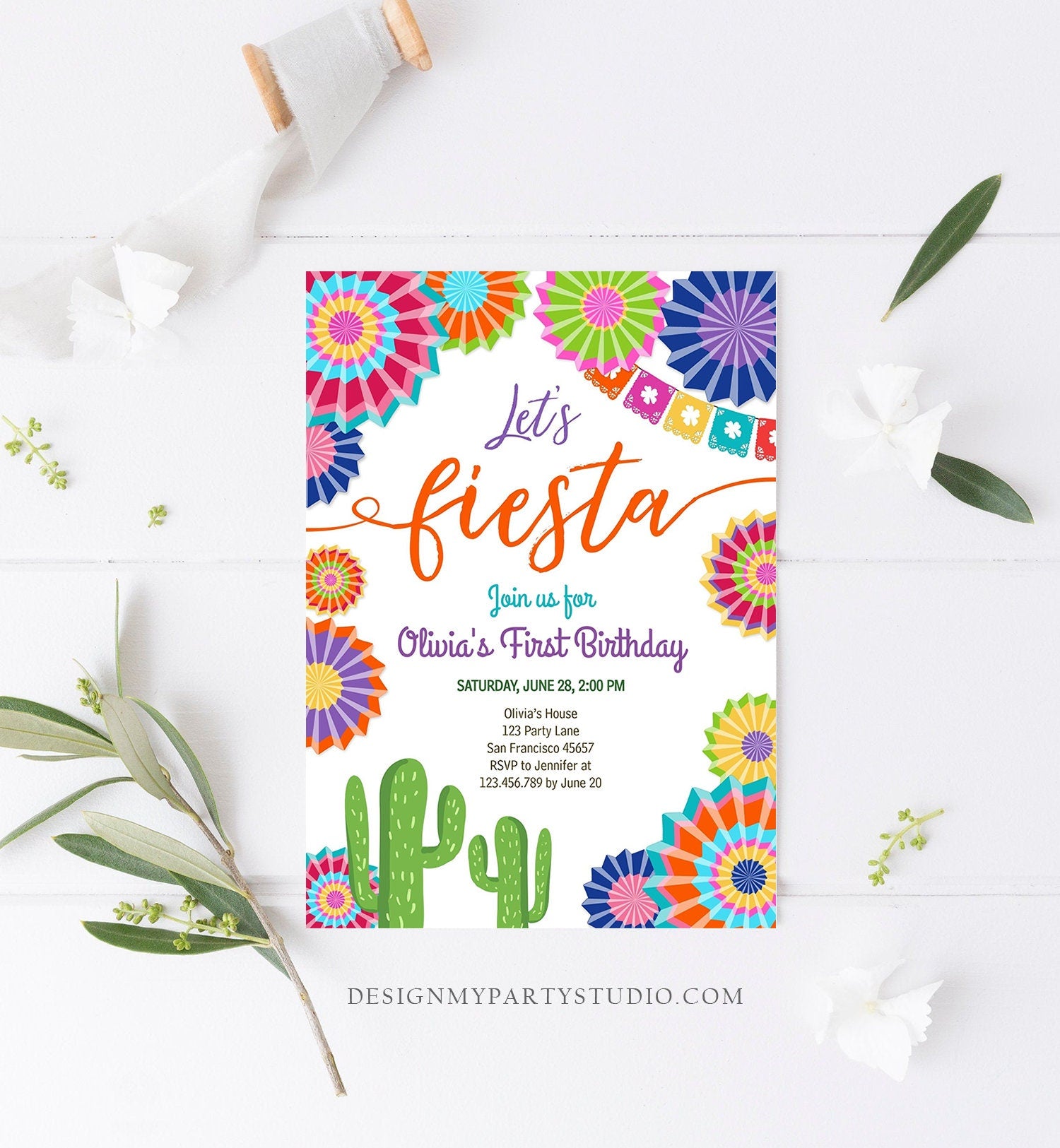 Editable Let's Fiesta Birthday Invitation ANY AGE Girl First Birthday Uno Cactus Cinco Mayo Mexican Download Corjl Template Printable 0236