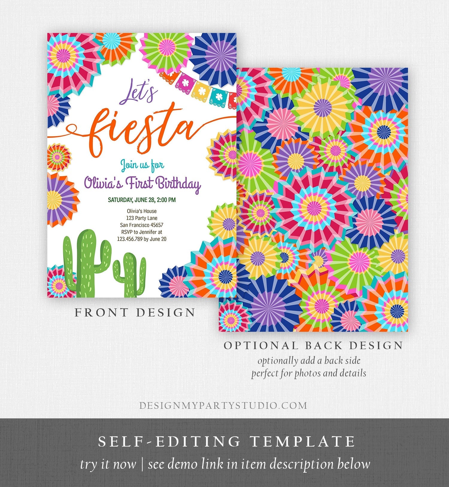 Editable Let's Fiesta Birthday Invitation ANY AGE Girl First Birthday Uno Cactus Cinco Mayo Mexican Download Corjl Template Printable 0236