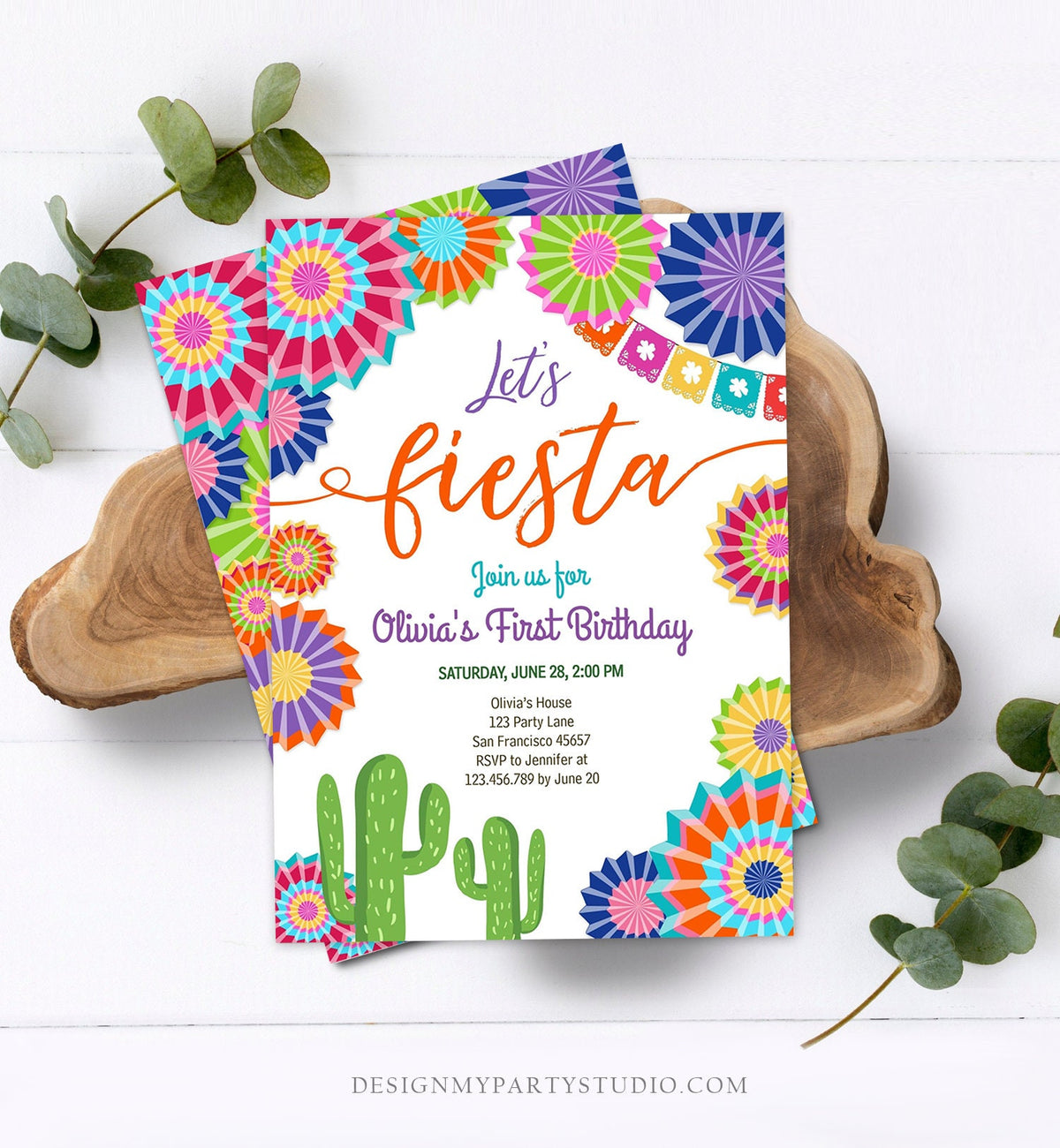 Editable Let&#39;s Fiesta Birthday Invitation ANY AGE Girl First Birthday Uno Cactus Cinco Mayo Mexican Download Corjl Template Printable 0236