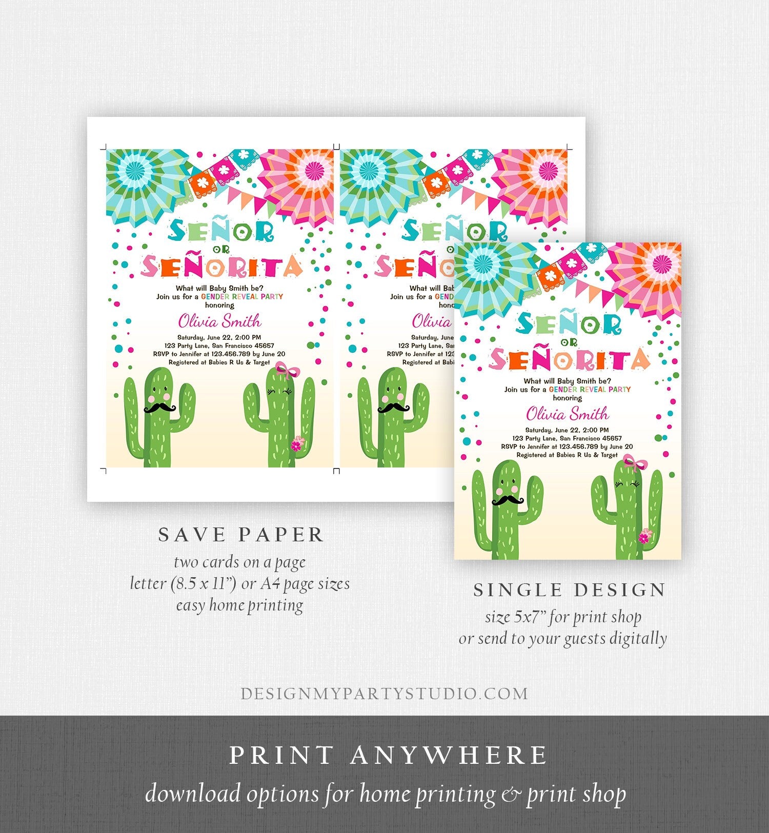 Editable Señor Or Señorita Gender Reveal Invitation Fiesta Boy or Girl Cactus Mexican Senor Senorita Blue Pink Confetti Corjl Template 0045