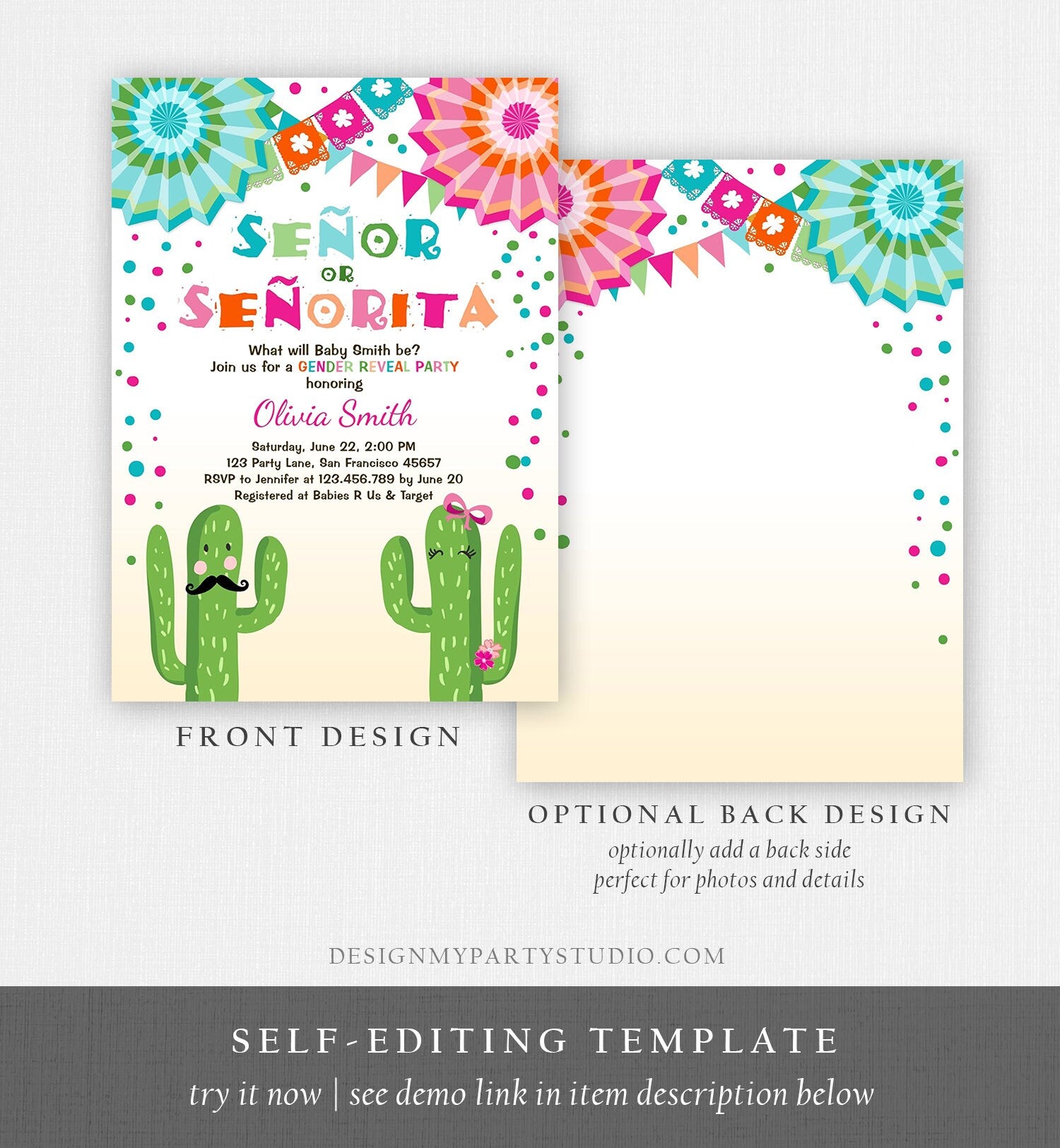 Editable Señor Or Señorita Gender Reveal Invitation Fiesta Boy or Girl Cactus Mexican Senor Senorita Blue Pink Confetti Corjl Template 0045