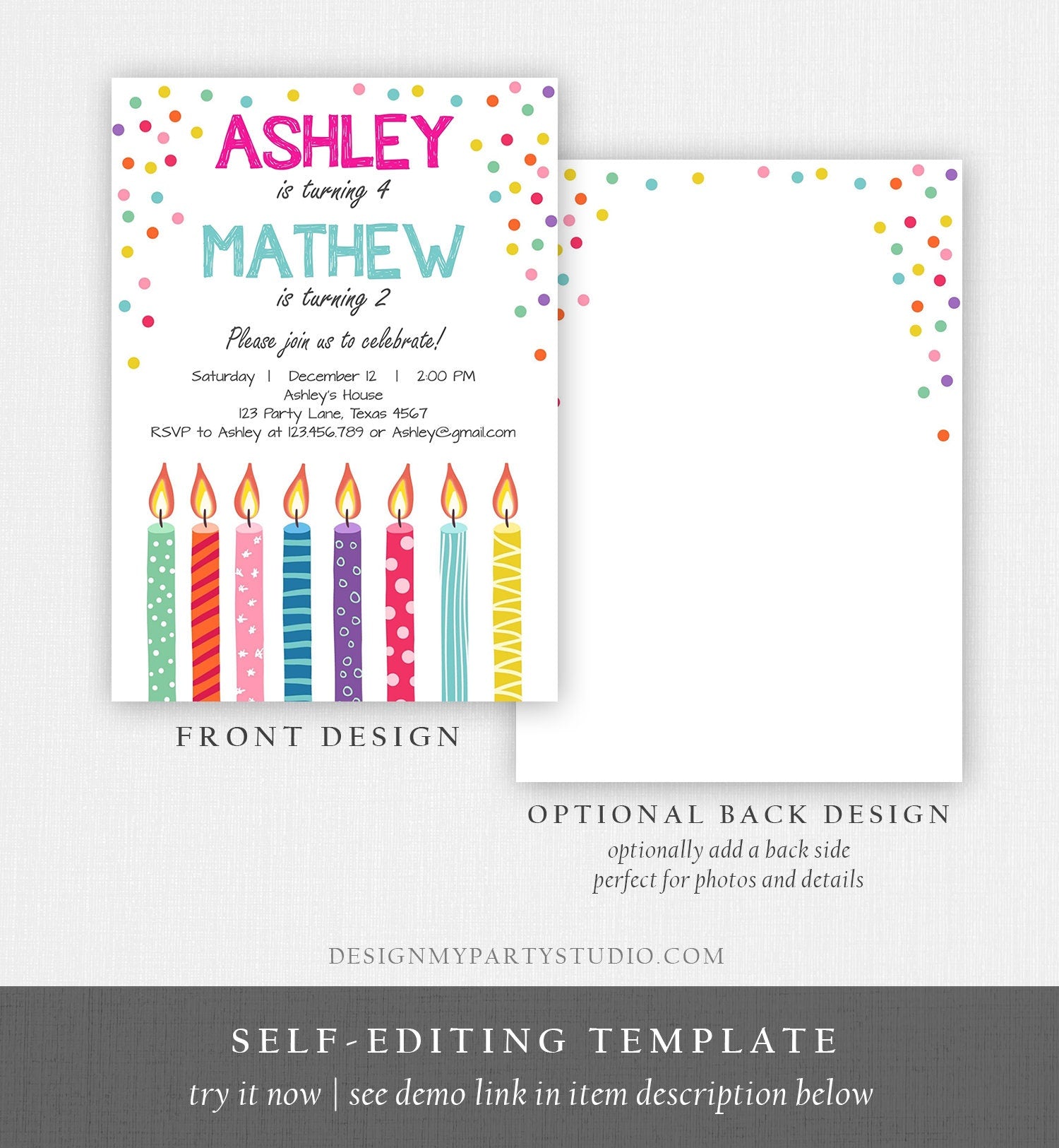 Editable Joint Twin Birthday Invitation Twins Confetti Siblings Birthday Party Boy Girl Download Printable Template Digital Corjl 0277