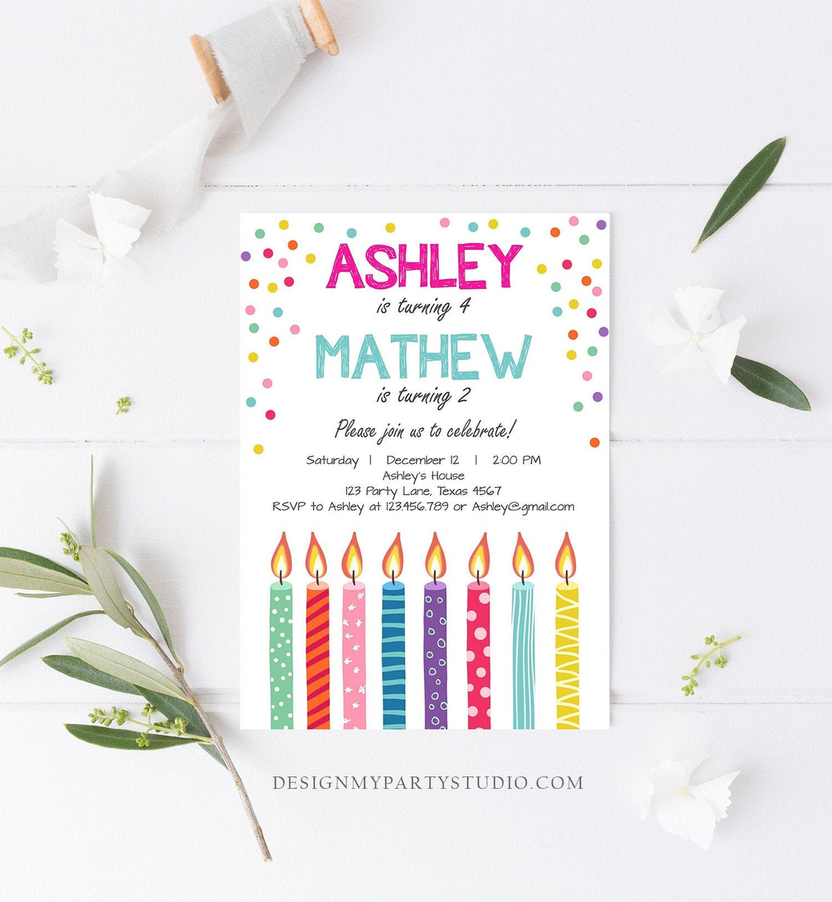 Editable Joint Twin Birthday Invitation Twins Confetti Siblings Birthday Party Boy Girl Download Printable Template Digital Corjl 0277